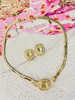 Christian Dior Vintage Crystals Topaz Light Green Yellow Octagon Circle 2 Set