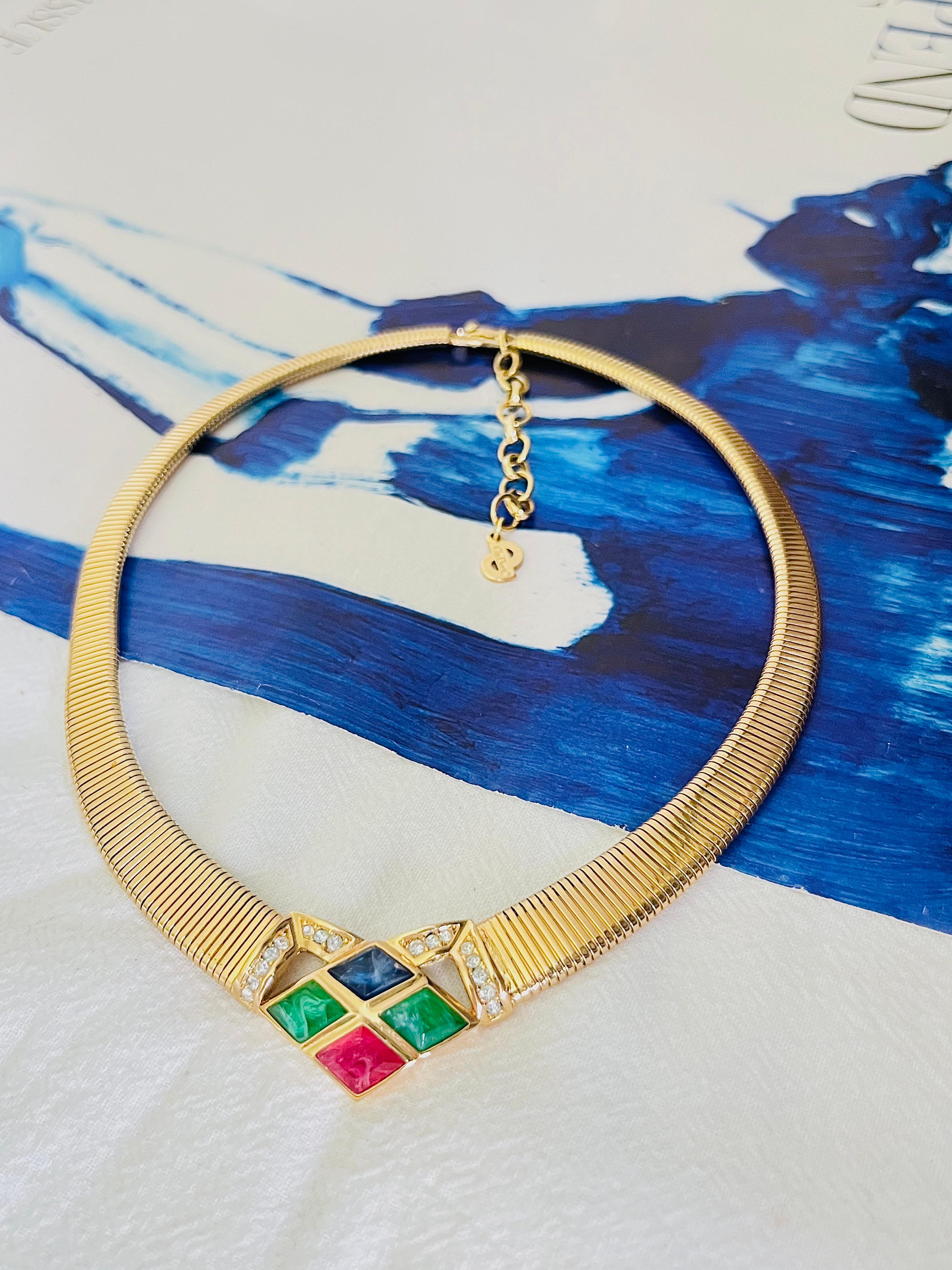 Art Deco Christian Dior Vintage Diamond Sapphire Emerald Ruby Gripoix Crystals Necklace For Sale