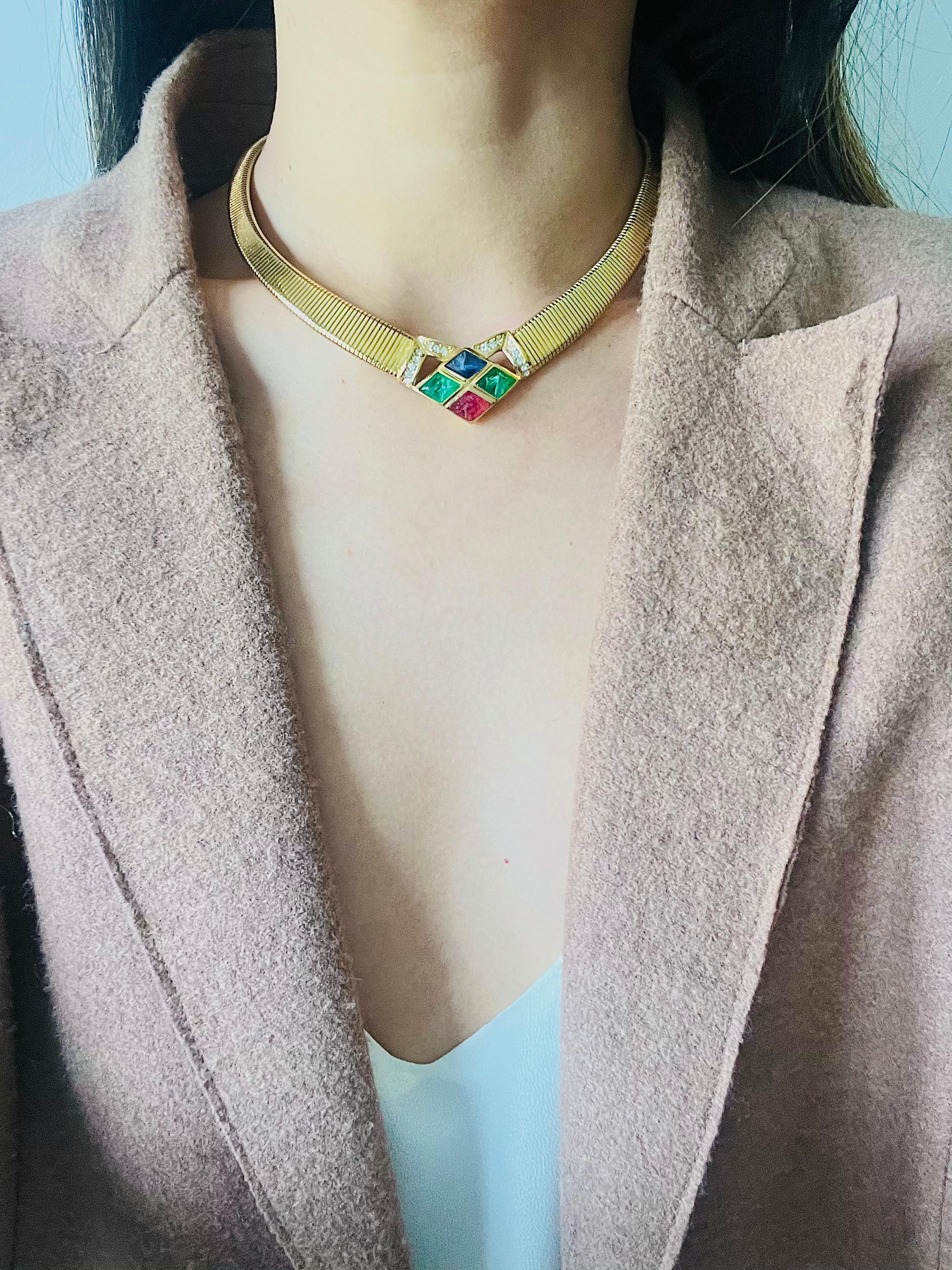 Christian Dior Vintage Diamond Sapphire Emerald Ruby Gripoix Crystals Necklace For Sale 1
