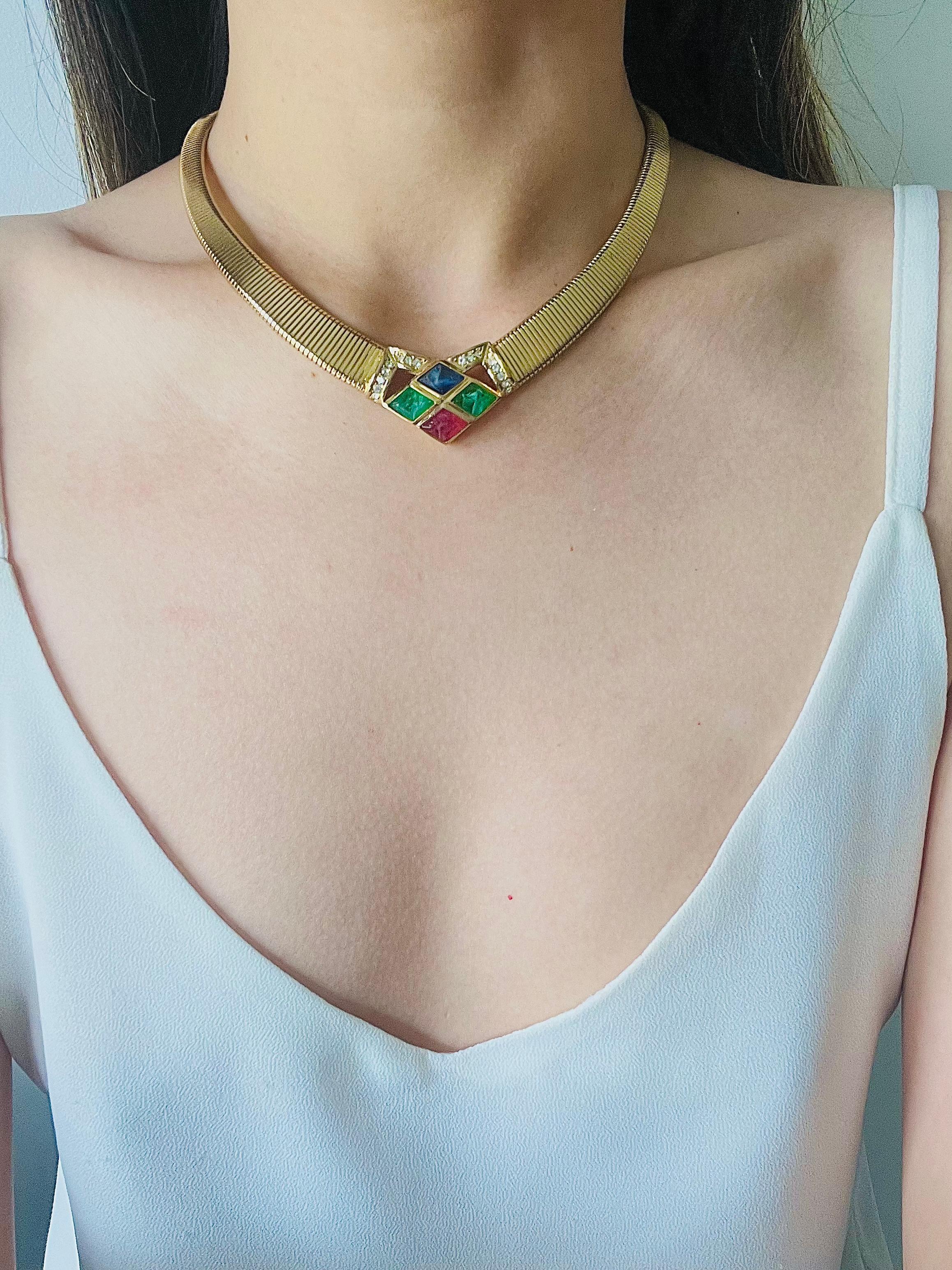 Christian Dior Vintage Diamond Sapphire Emerald Ruby Gripoix Crystals Necklace For Sale 3