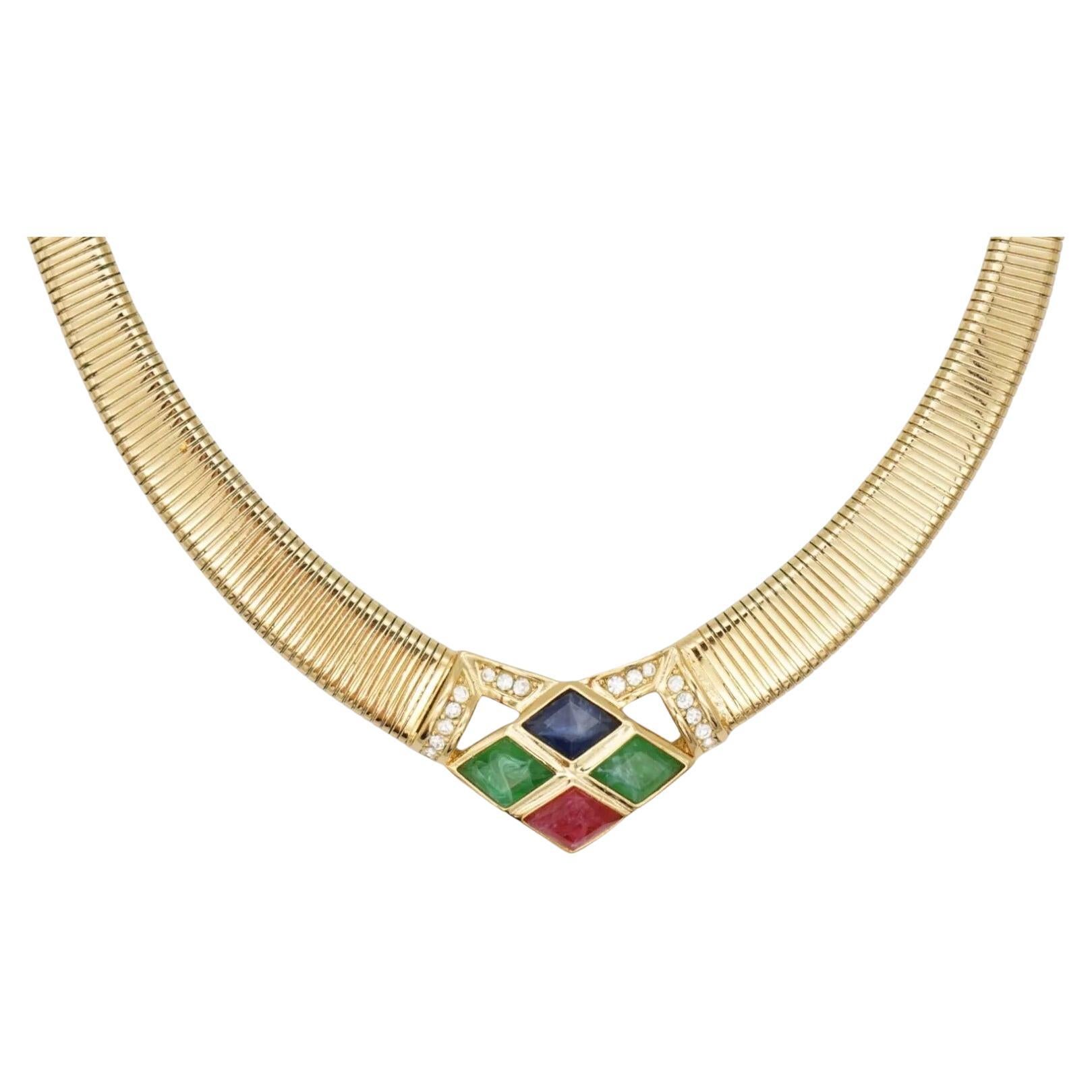 Christian Dior Vintage Diamond Sapphire Emerald Ruby Gripoix Crystals Necklace For Sale