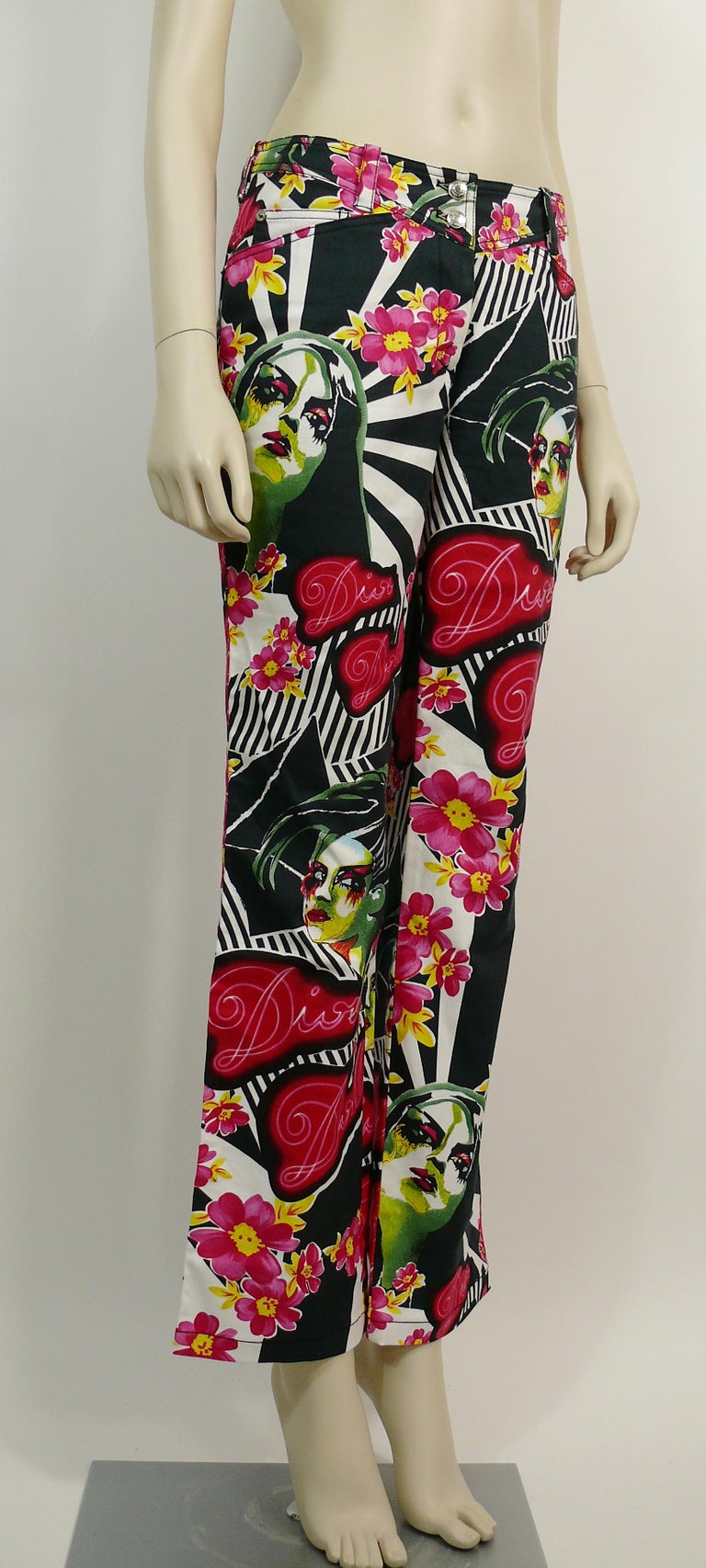 新品 90s VINTAGE DIOR floral printed pants Christian Dior Vintage Dior Dolls Neons Pants US Size 8 For Sale