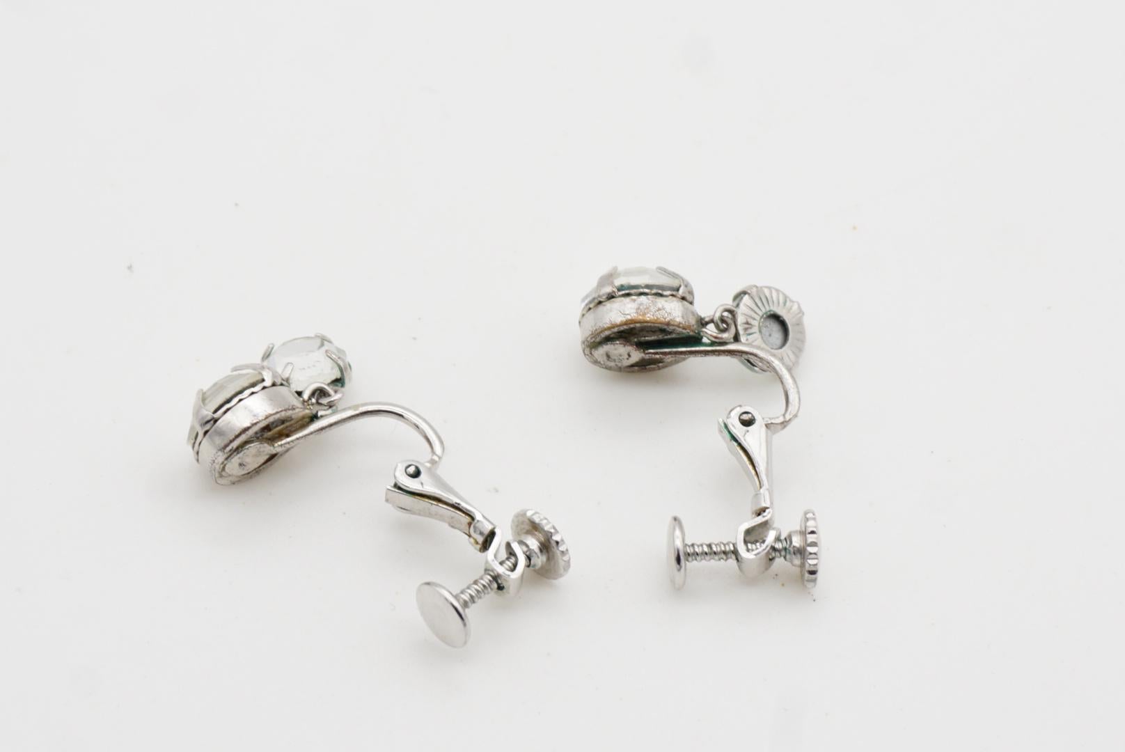 Christian Dior Vintage Double Clear Circle Crystals Drop Silver Clip Earrings 7