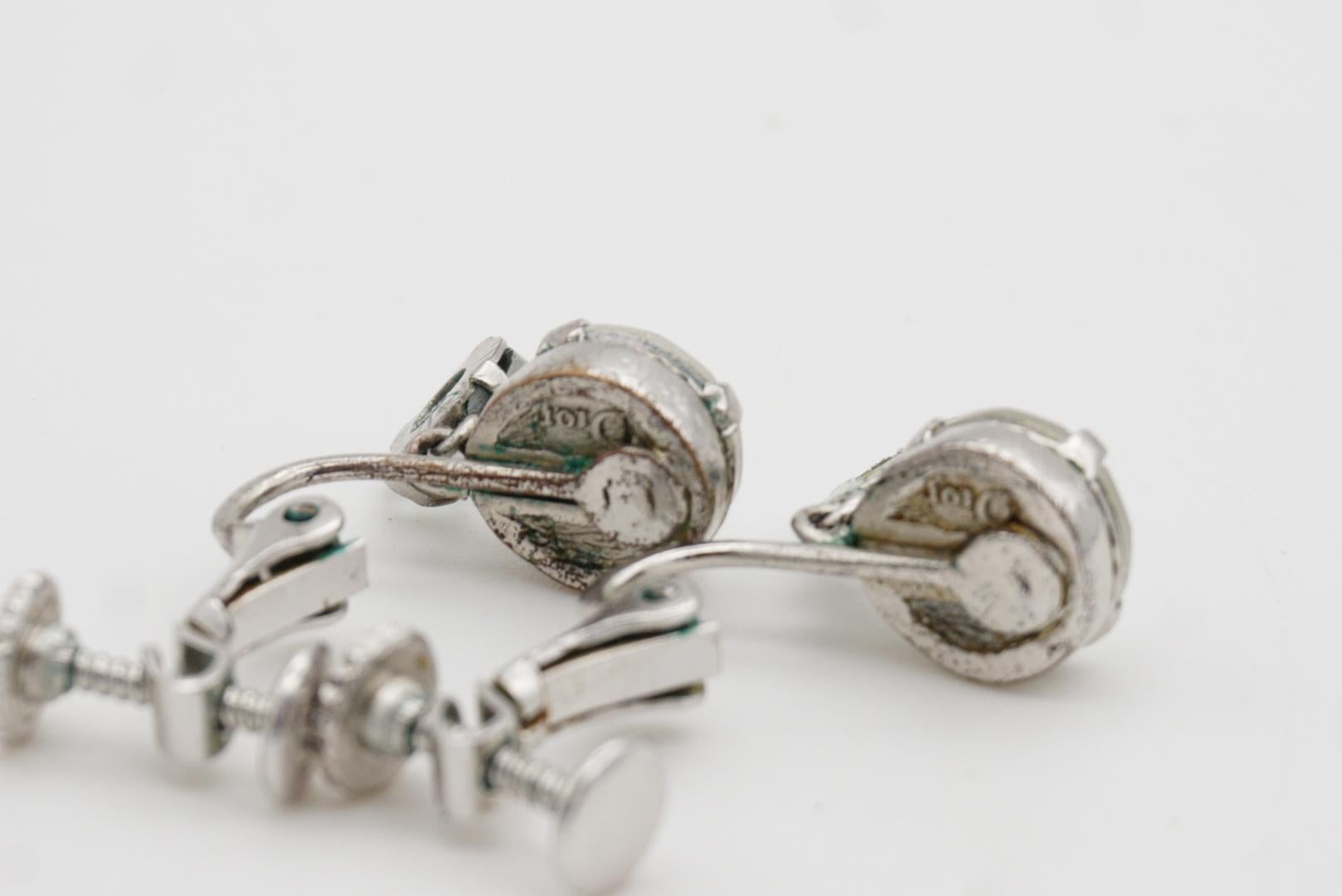 Christian Dior Vintage Double Clear Circle Crystals Drop Silver Clip Earrings 8