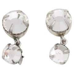 Christian Dior Vintage Double Clear Circle Crystals Drop Silver Clip Earrings