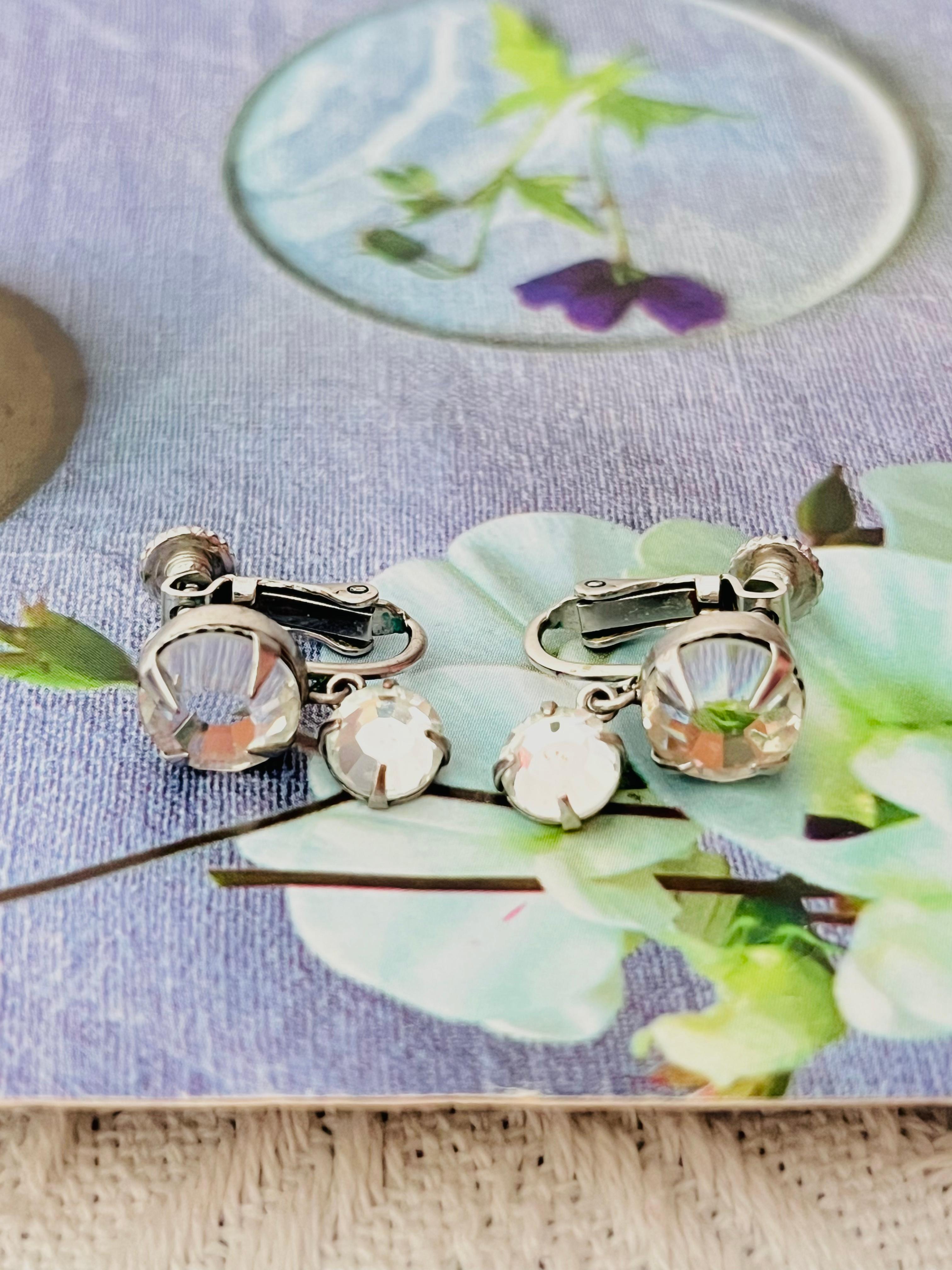 Christian Dior Vintage Double Clear Circle Crystals Drop Silver Clip Earrings In Good Condition In Wokingham, England