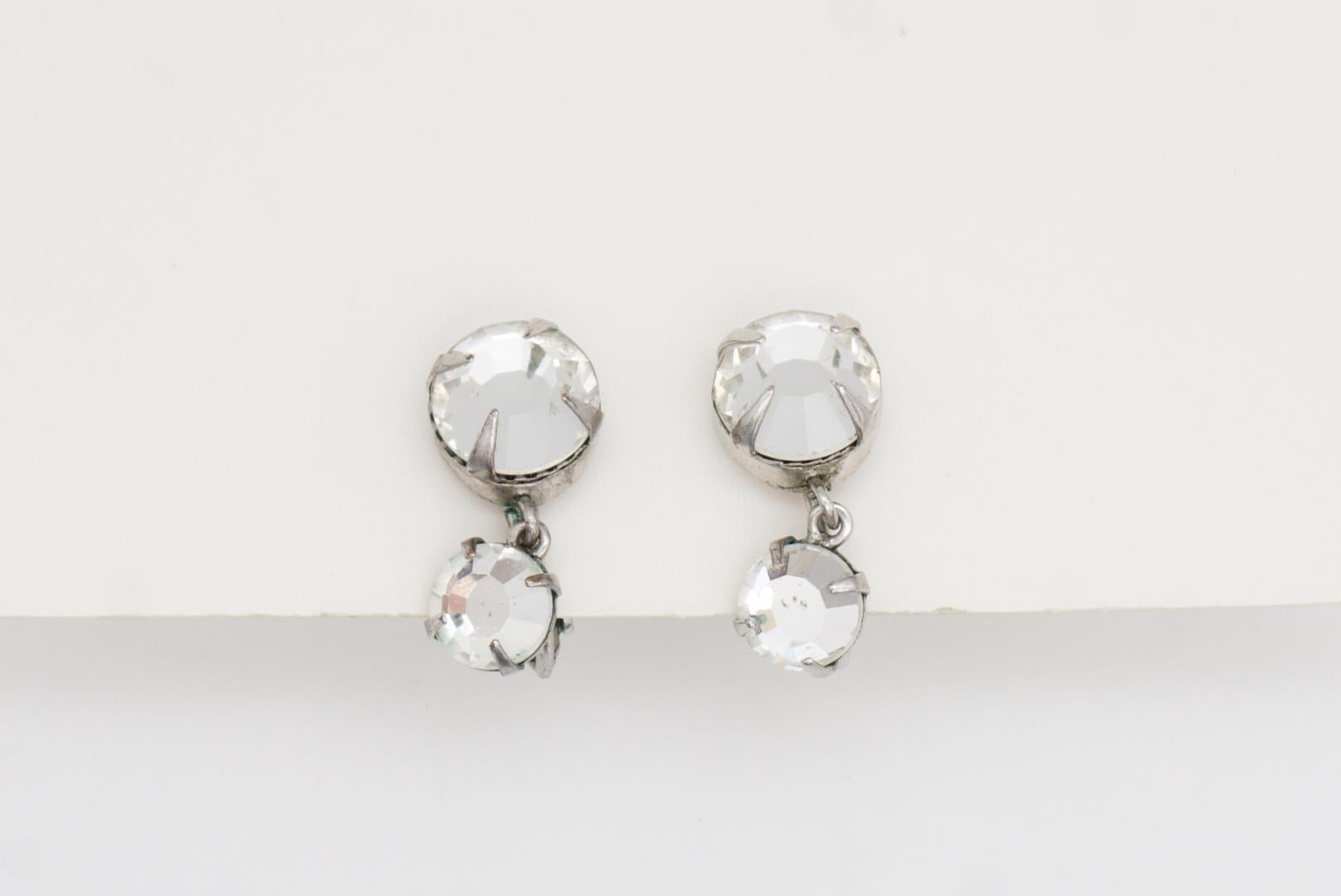 Christian Dior Vintage Double Clear Circle Crystals Drop Silver Clip Earrings 3