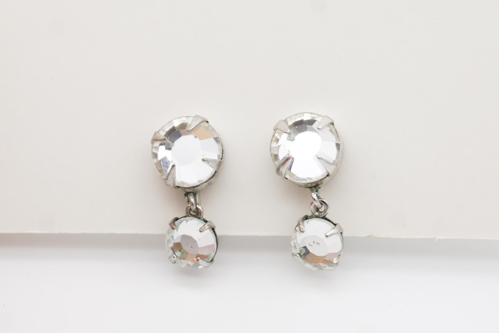 Christian Dior Vintage Double Clear Circle Crystals Drop Silver Clip Earrings 4