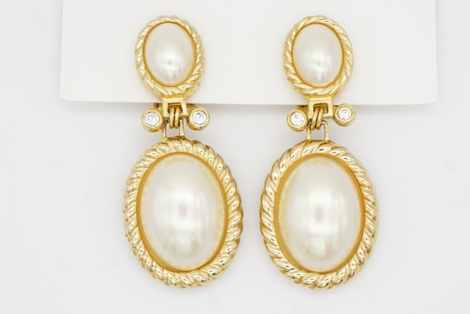 Christian Dior Vintage Double Large White Oval Pearls Crystals Dangle Earrings For Sale 5