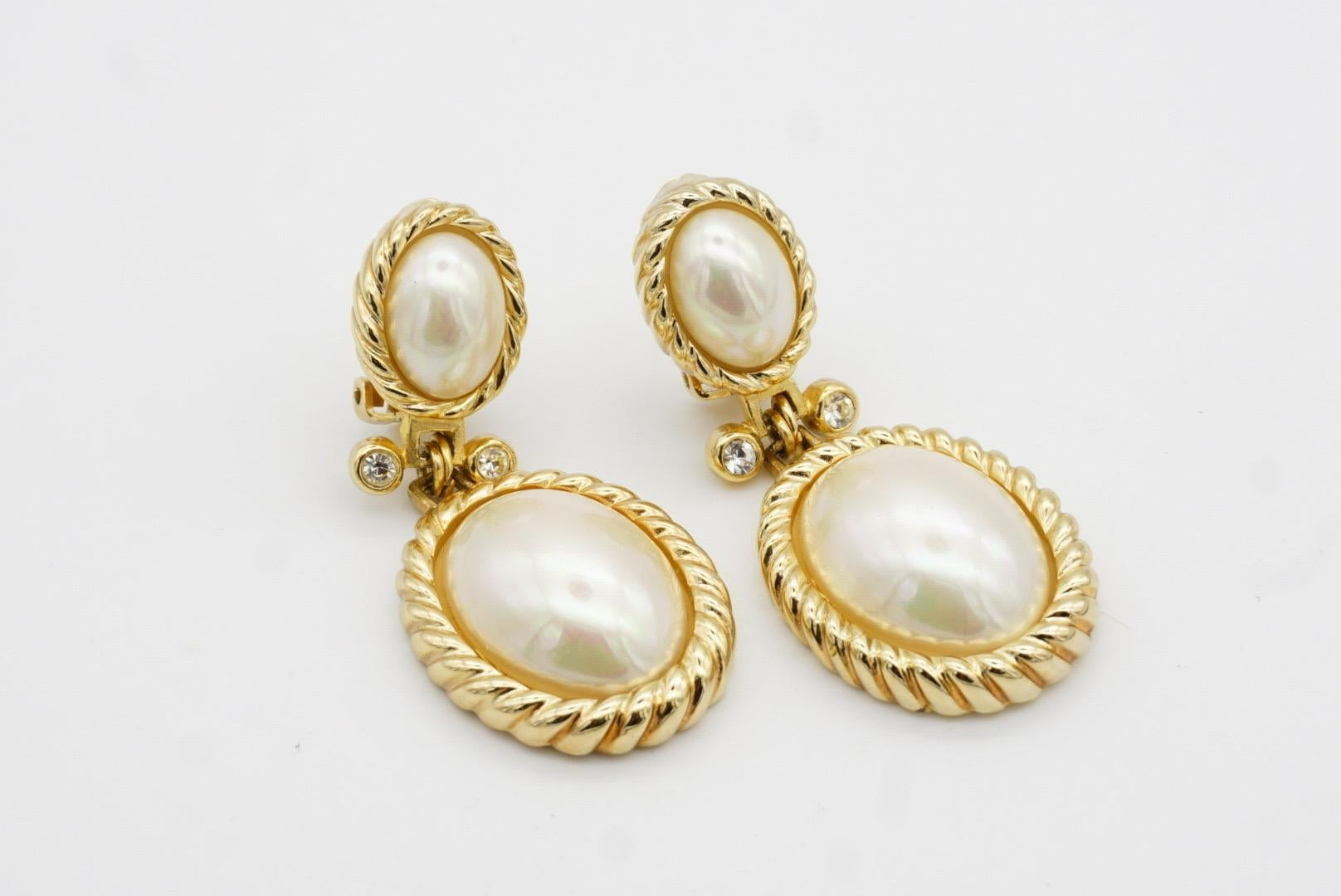 Christian Dior Vintage Double Large White Oval Pearls Crystals Dangle Earrings For Sale 6
