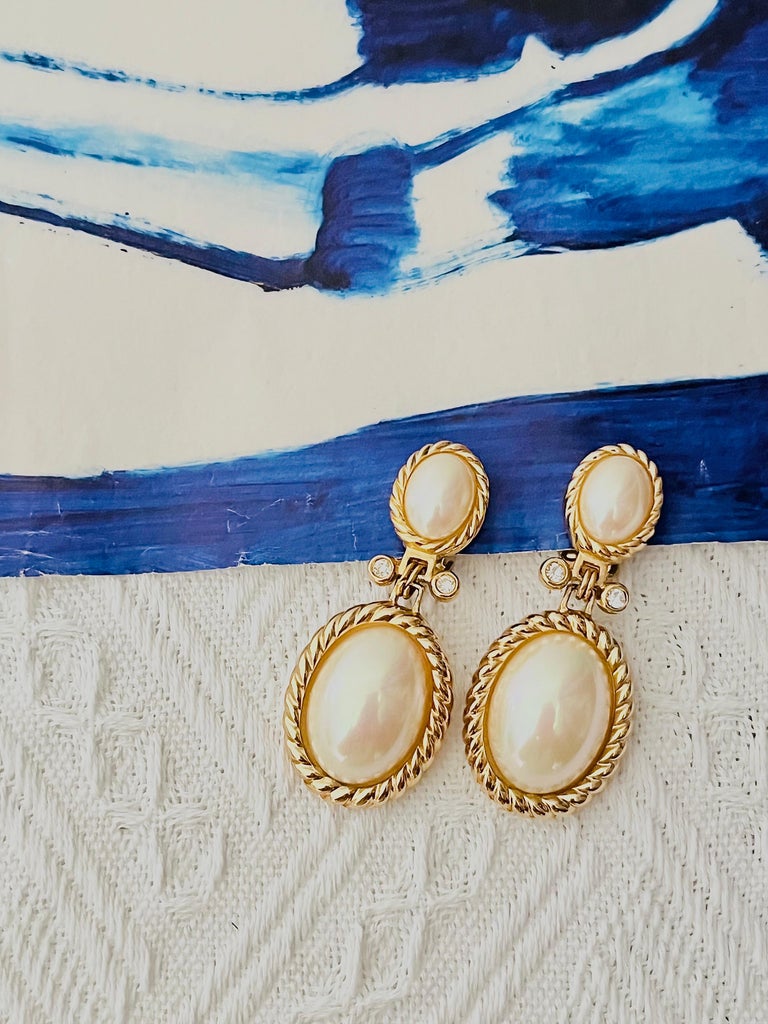 Christian Dior Vintage Double Large White Oval Pearls Crystals