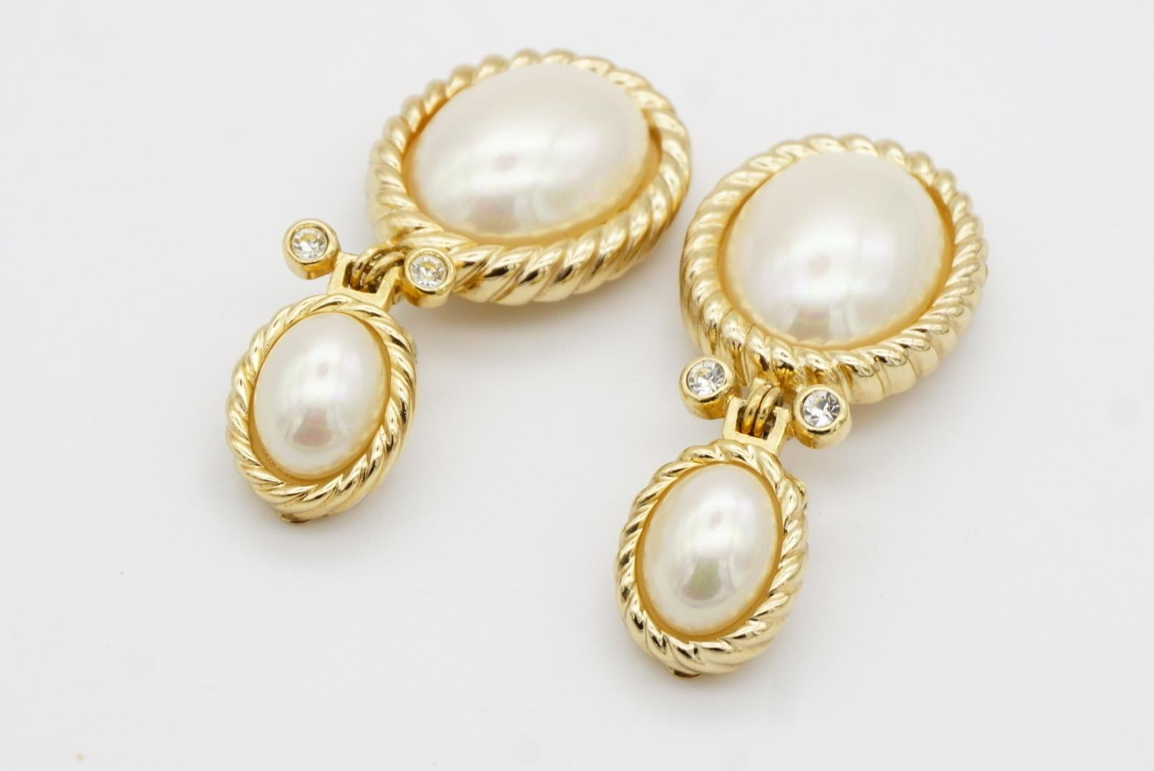Christian Dior Vintage Double Large White Oval Pearls Crystals Dangle Earrings For Sale 4