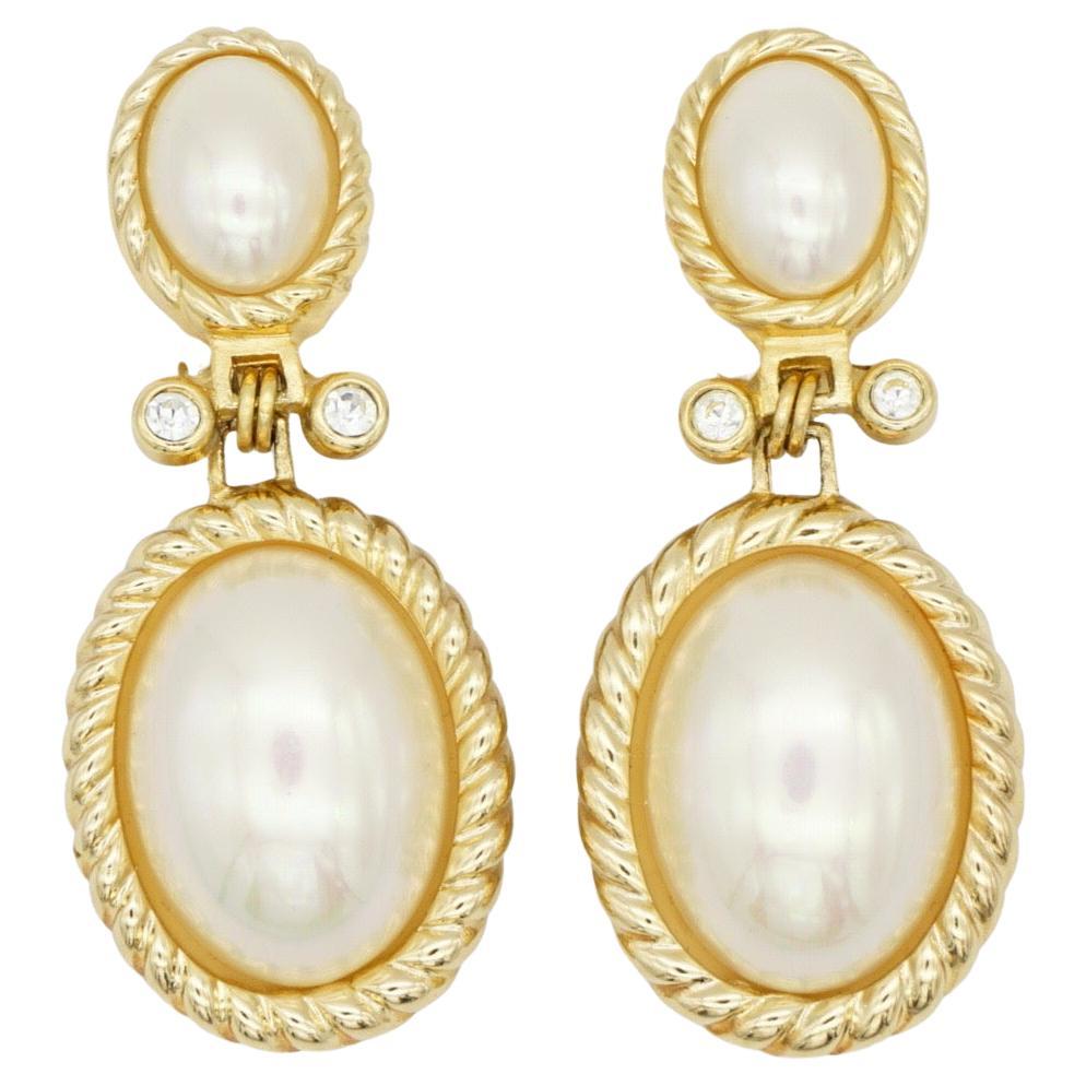 Christian Dior Vintage Pendientes colgantes de perlas ovaladas blancas dobles grandes con cristales