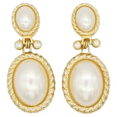 Christian Dior Vintage Double Large White Oval Pearls Crystals Dangle Earrings