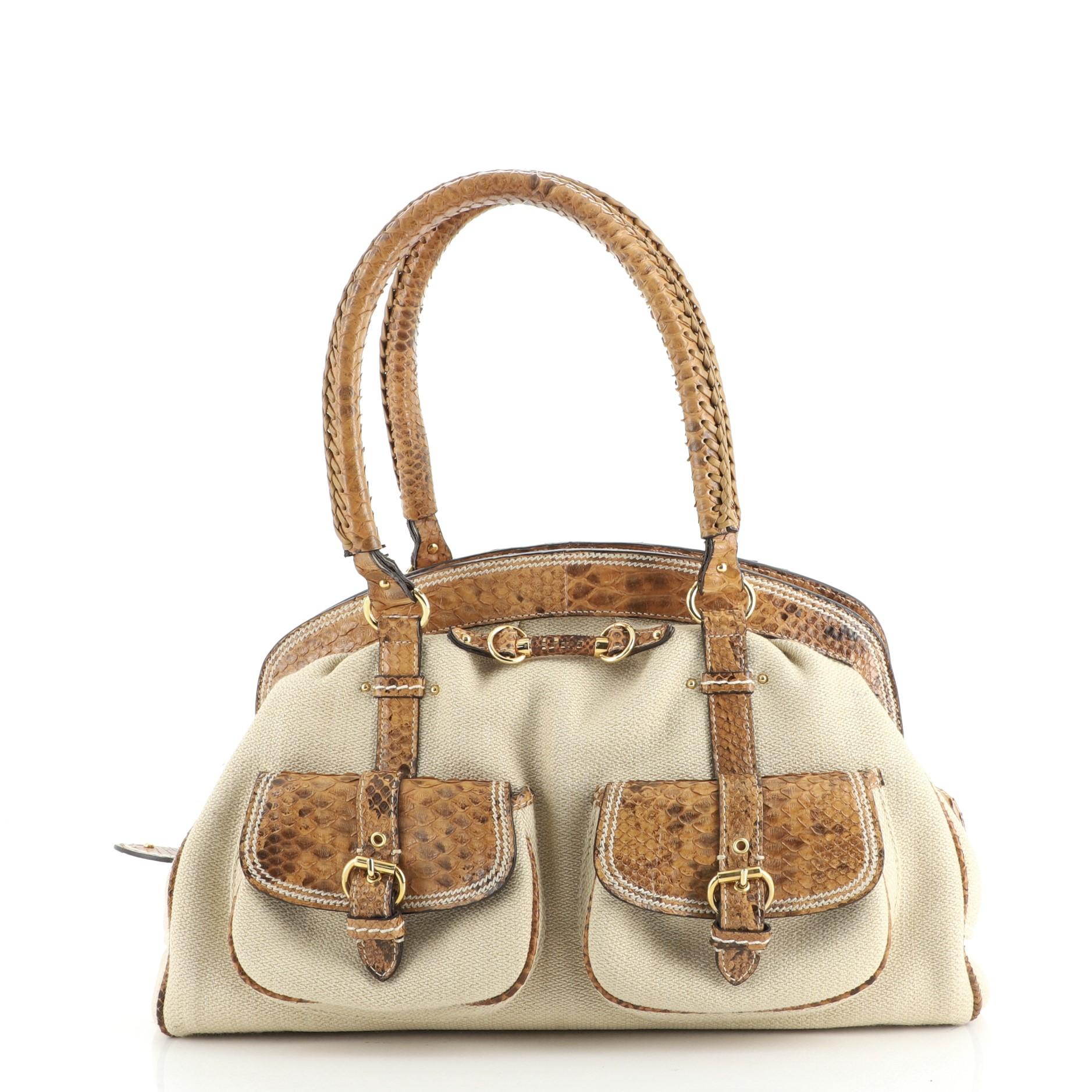 Christian Dior Vintage Double Pocket Bowler Bag Canvas with Python Medium