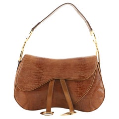 Christian Dior Vintage Double Saddle Bag Lizard Embossed Leather