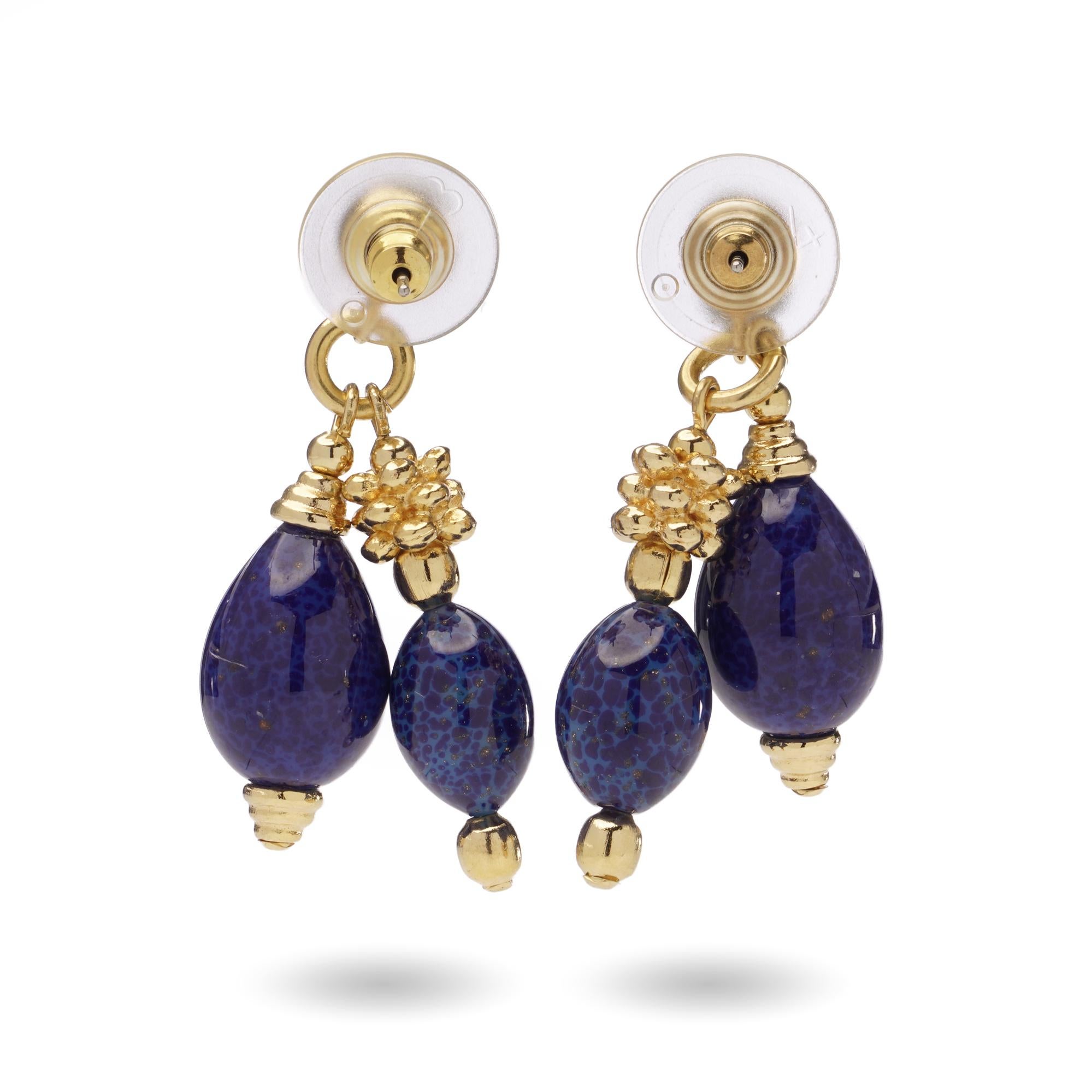 Christian Dior Vintage Drop Earrings with Blue Glass Beads & Gold-Tone In Excellent Condition For Sale In Braintree, GB