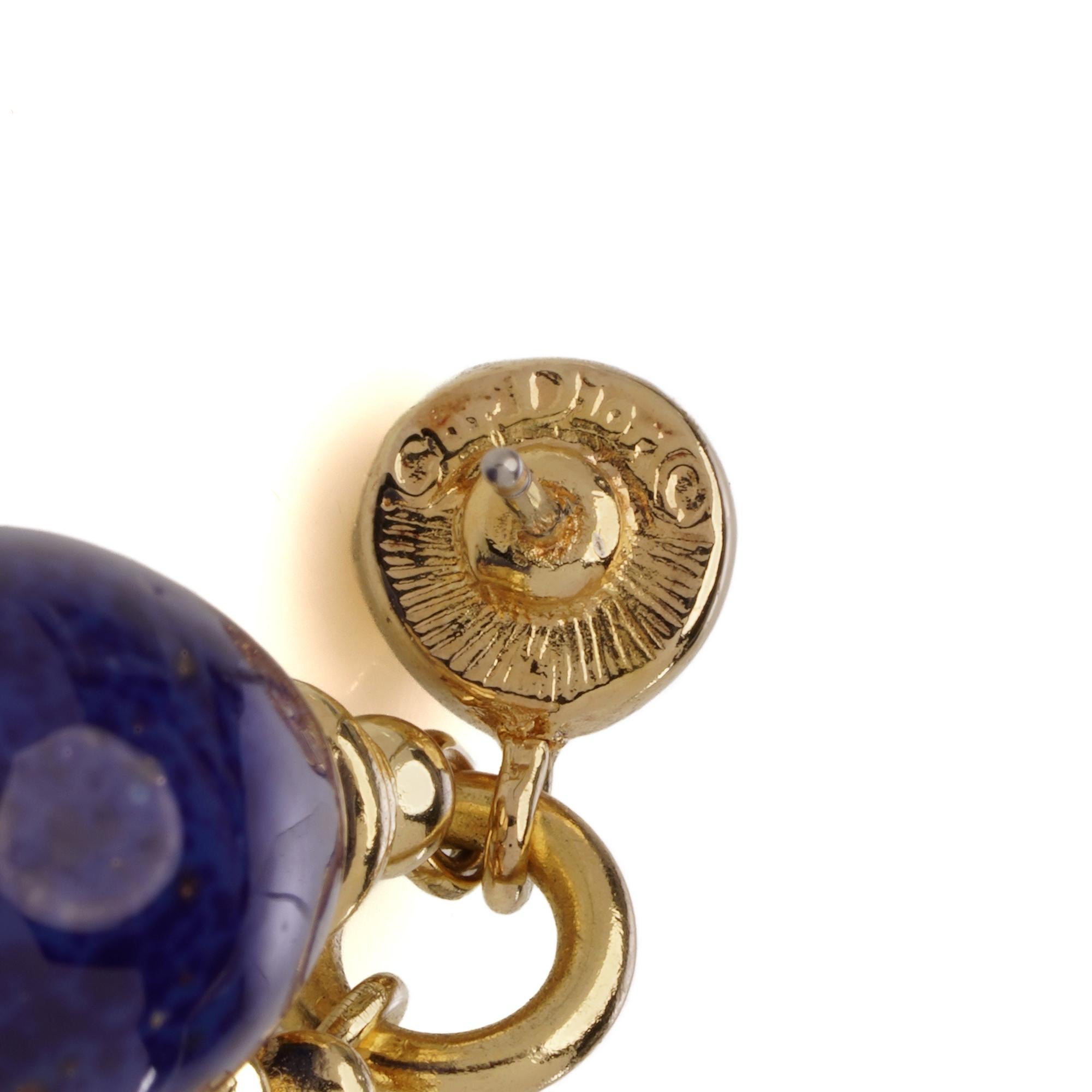 Women's or Men's Christian Dior Vintage Drop Earrings with Blue Glass Beads & Gold-Tone For Sale