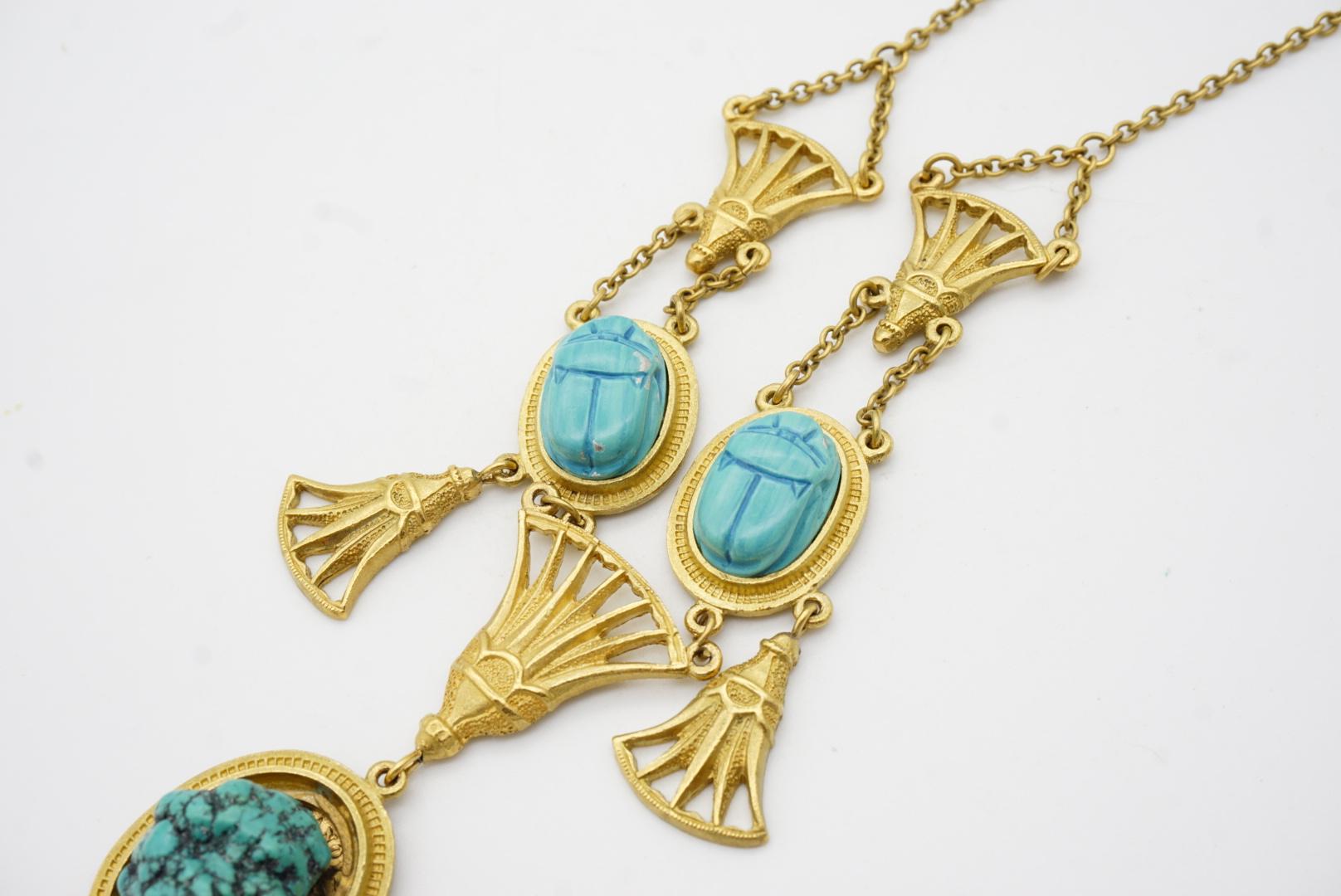 Christian Dior Vintage Egyptian Revival Turquoise Chandelier Fans Long Necklace For Sale 7