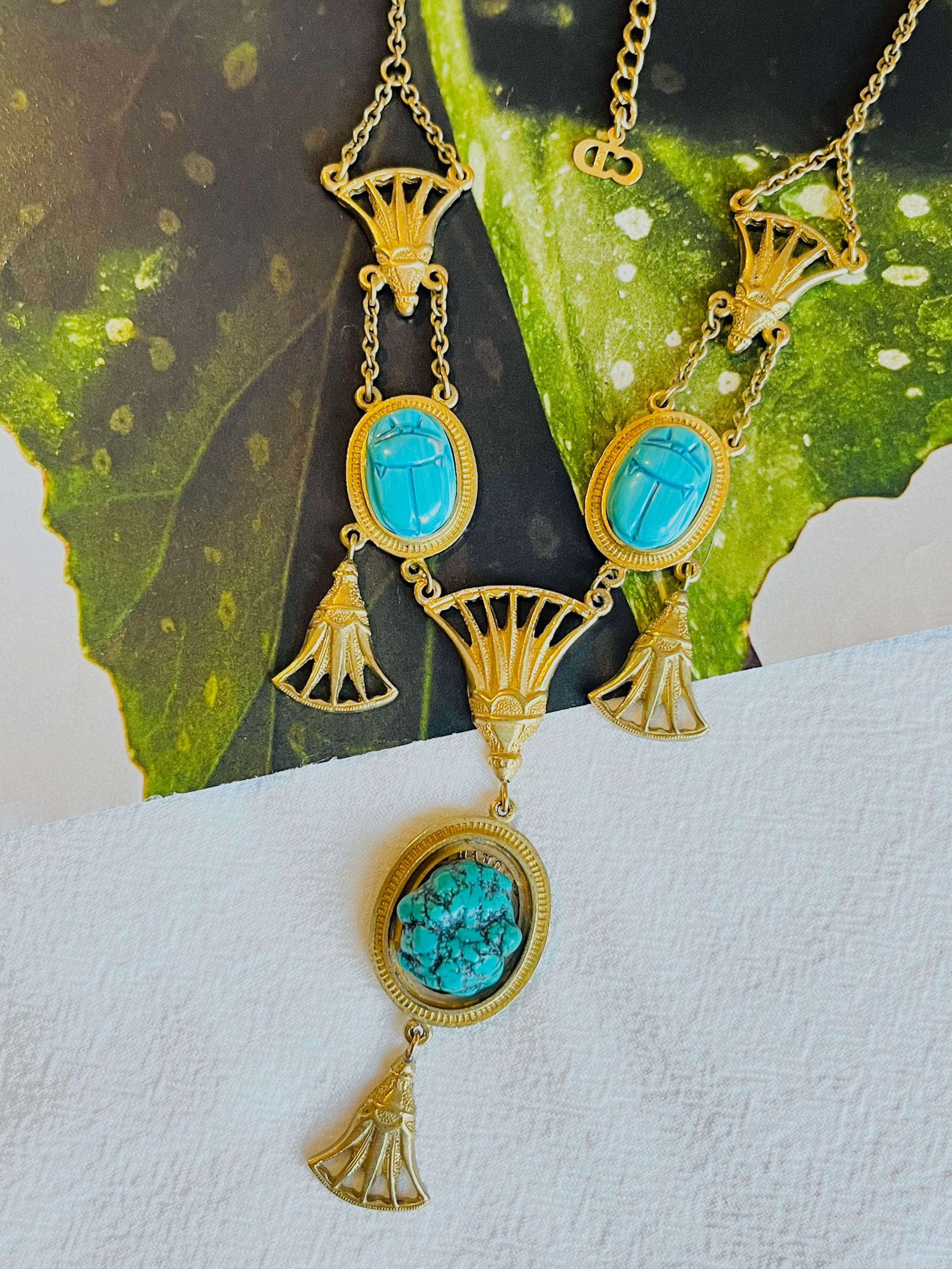 Artisan Christian Dior Vintage Egyptian Revival Turquoise Chandelier Fans Long Necklace For Sale