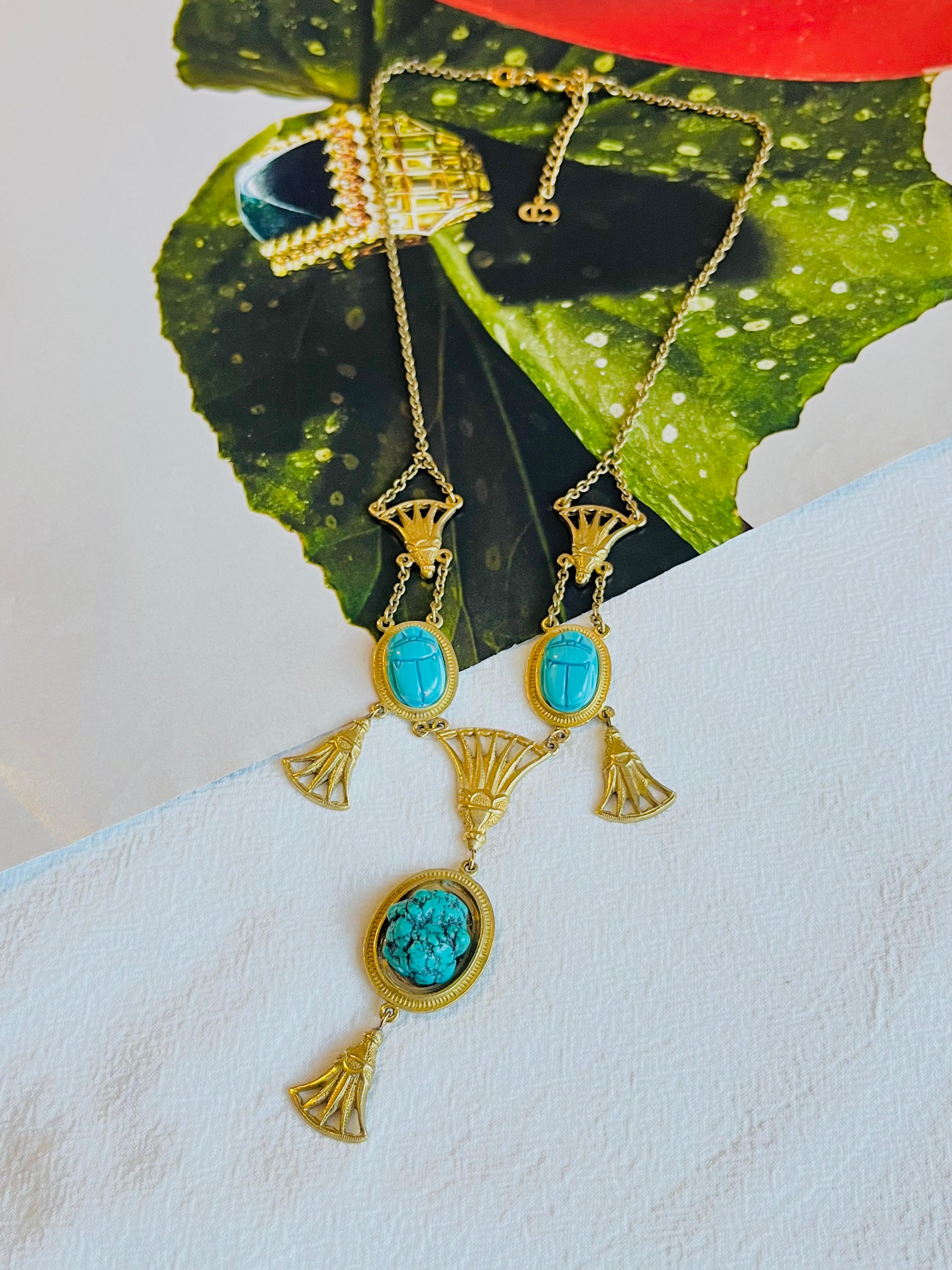 Christian Dior Vintage Egyptian Revival Turquoise Chandelier Fans Long Necklace In Good Condition For Sale In Wokingham, England