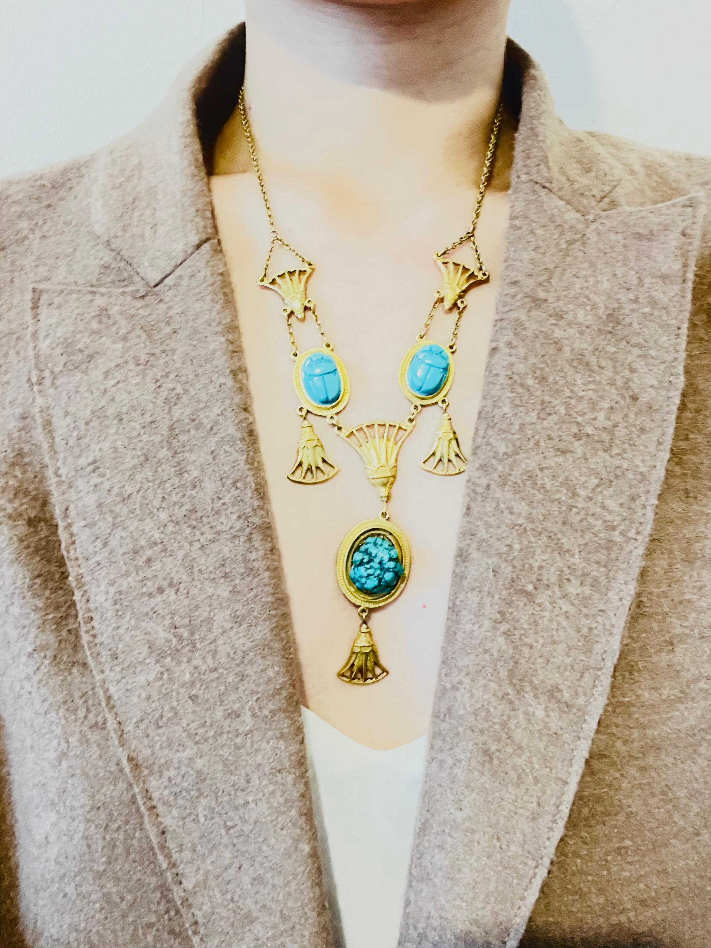 Women's or Men's Christian Dior Vintage Egyptian Revival Turquoise Chandelier Fans Long Necklace For Sale