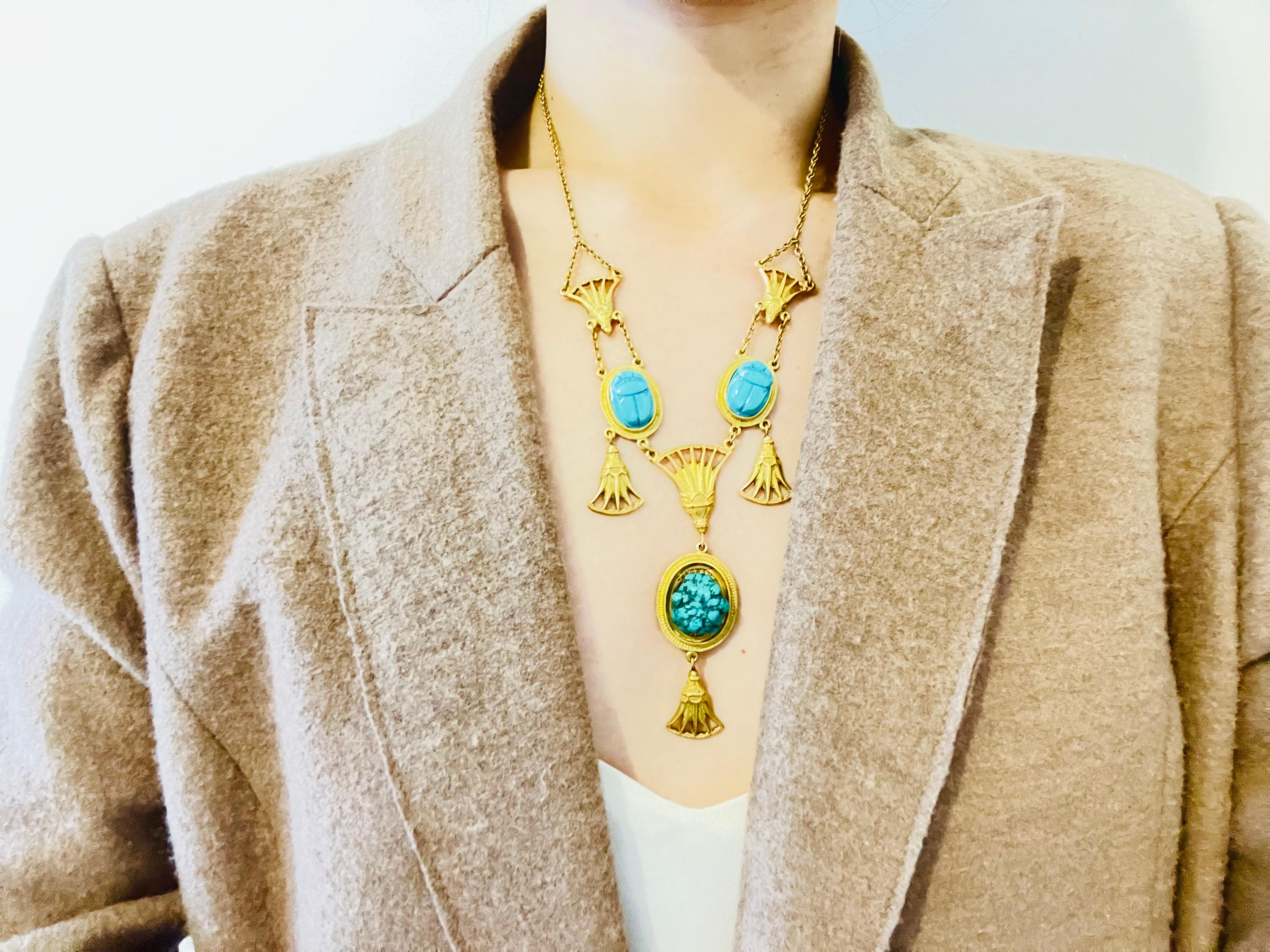 Christian Dior Vintage Egyptian Revival Turquoise Chandelier Fans Long Necklace For Sale 1