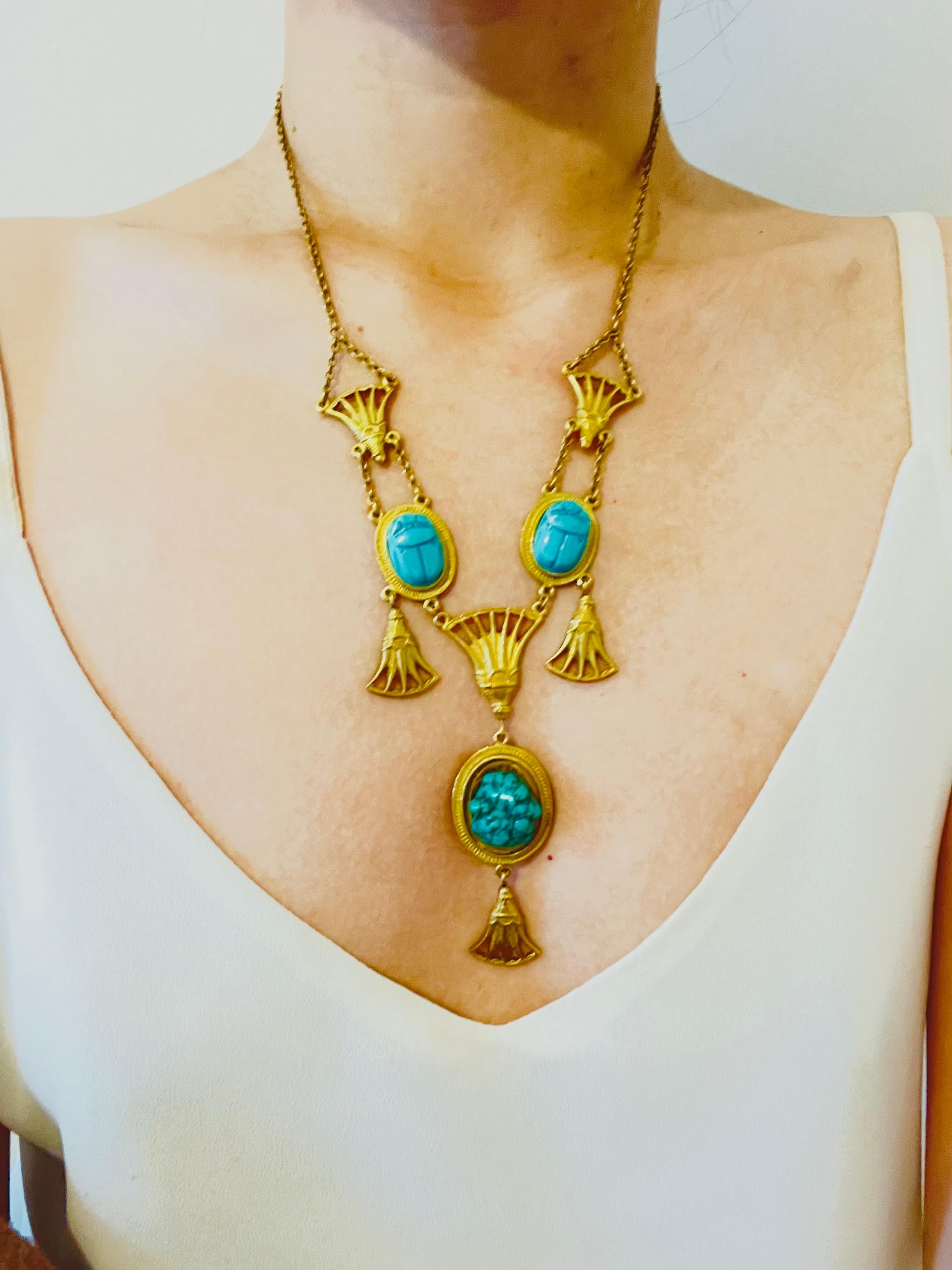 Christian Dior Vintage Egyptian Revival Turquoise Chandelier Fans Long Necklace For Sale 2