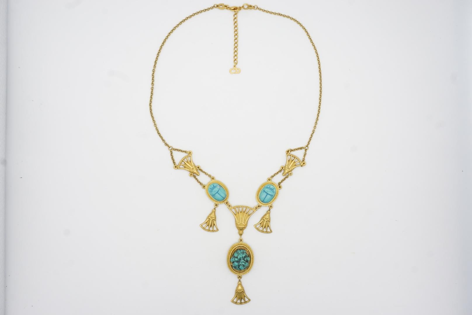 Christian Dior Vintage Egyptian Revival Turquoise Chandelier Fans Long Necklace For Sale 3