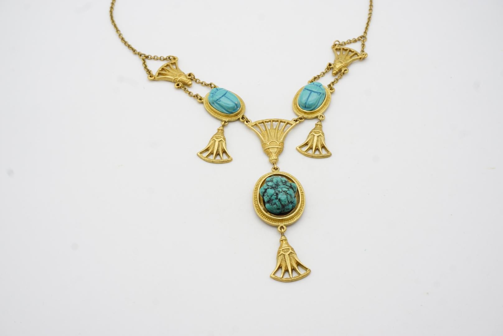 Christian Dior Vintage Egyptian Revival Turquoise Chandelier Fans Long Necklace For Sale 4