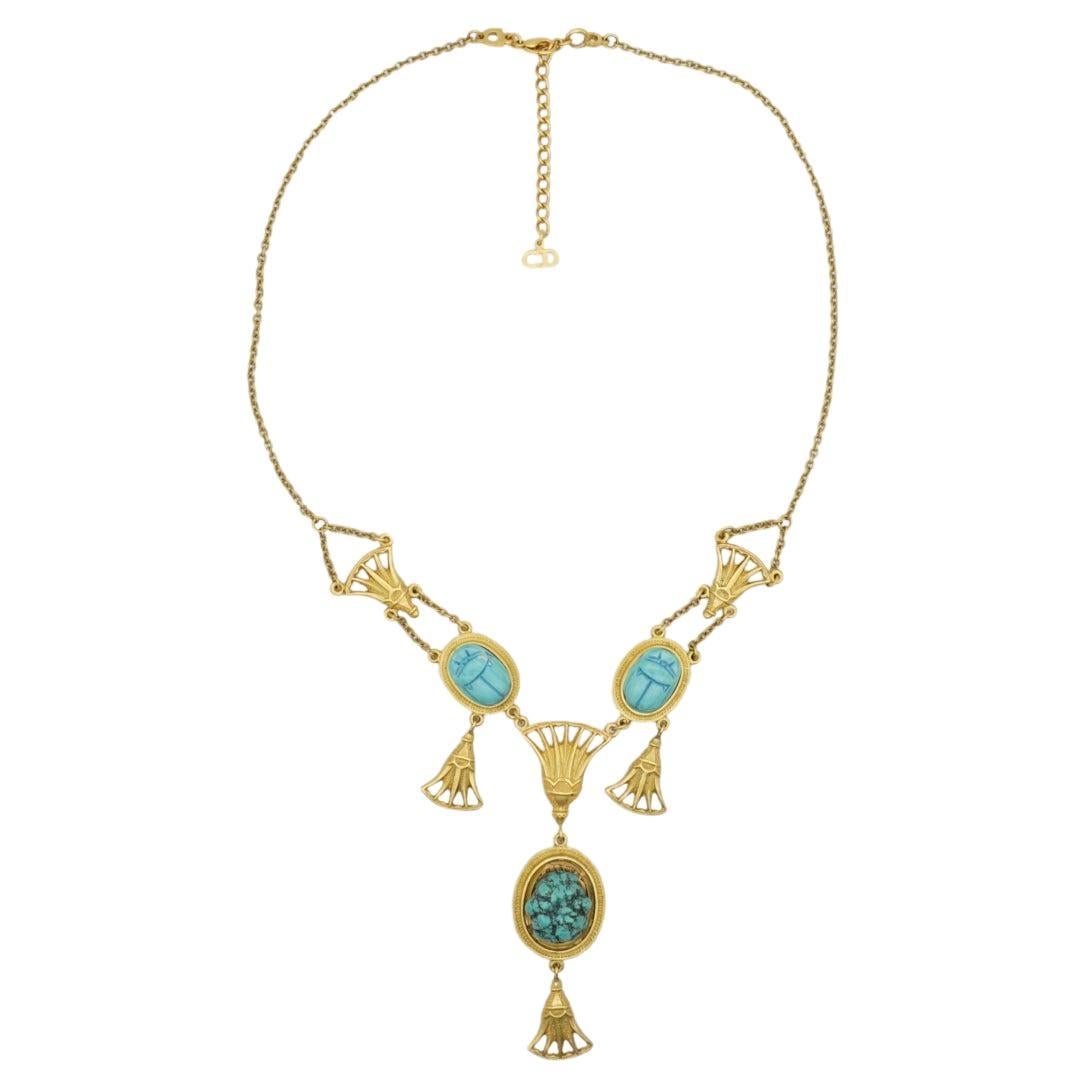 Christian Dior Vintage Egyptian Revival Turquoise Chandelier Fans Long Necklace For Sale