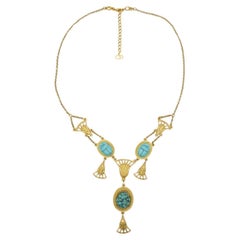 Christian Dior Vintage Egyptian Revival Turquoise Chandelier Fans Long Necklace