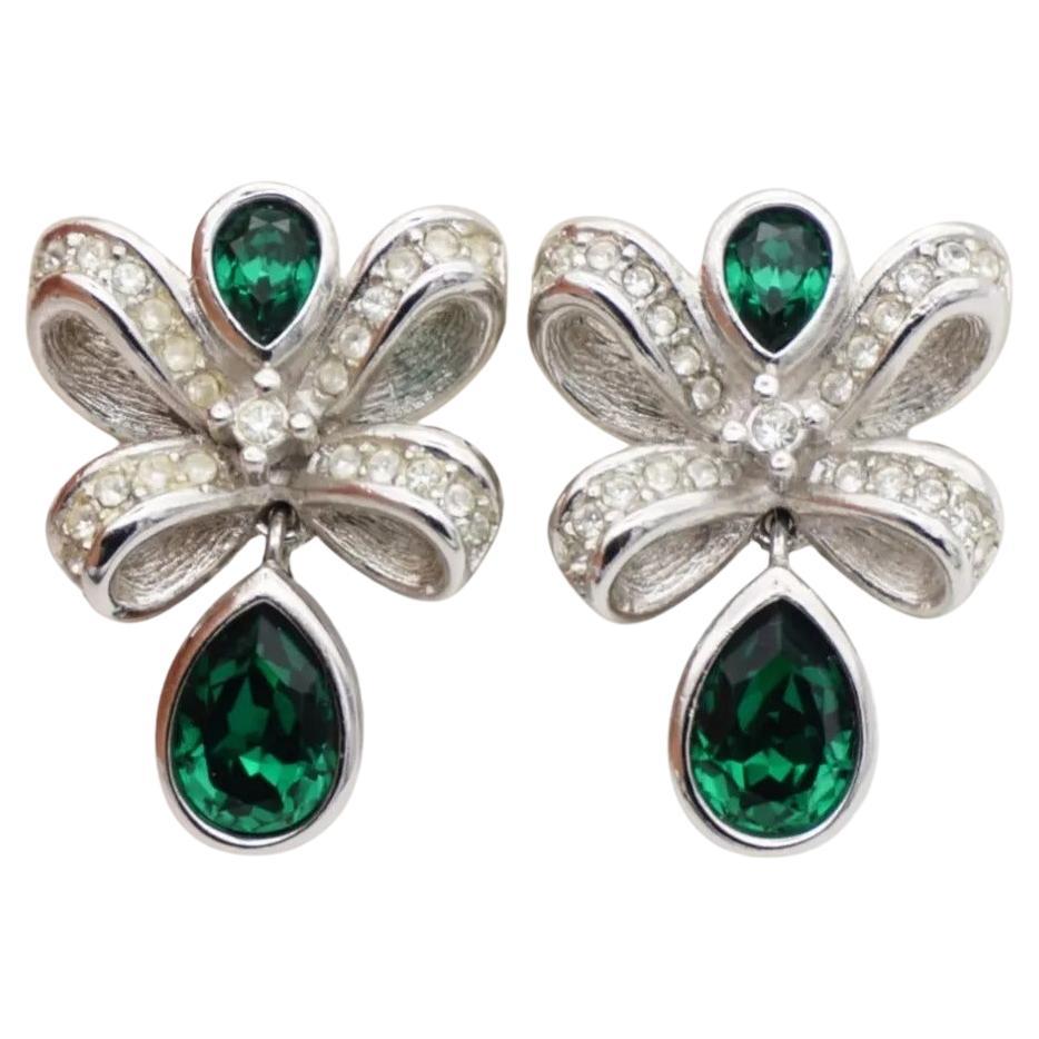 Christian Dior Vintage Emerald Bow Peacock Eye Crystal Water Drop Clip Earrings For Sale