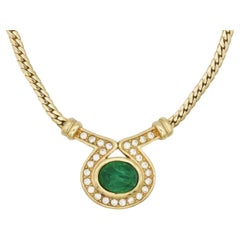 Christian Dior Vintage Emerald Gripoix Crystals Green Marble Eye Oval Necklace