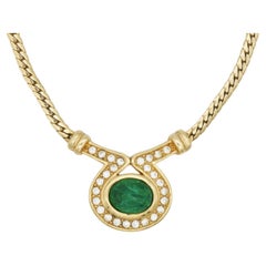Christian Dior Vintage Emerald Gripoix Crystals Green Marble Eye Oval Necklace