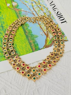 Christian Dior Vintage Emerald Ruby Sapphire Stars Square Mesh Openwork Necklace