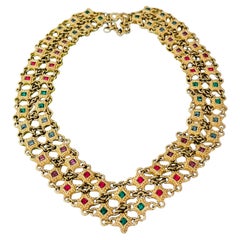Christian Dior Vintage Emerald Ruby Sapphire Stars Square Mesh Openwork Necklace