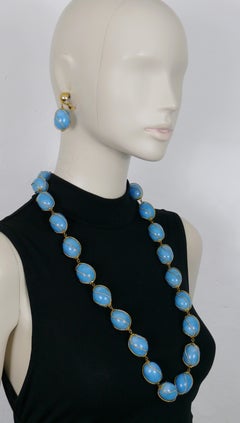Christian Dior Vintage Encaged Blue Resin Beads Necklace and Earrings Set 1966