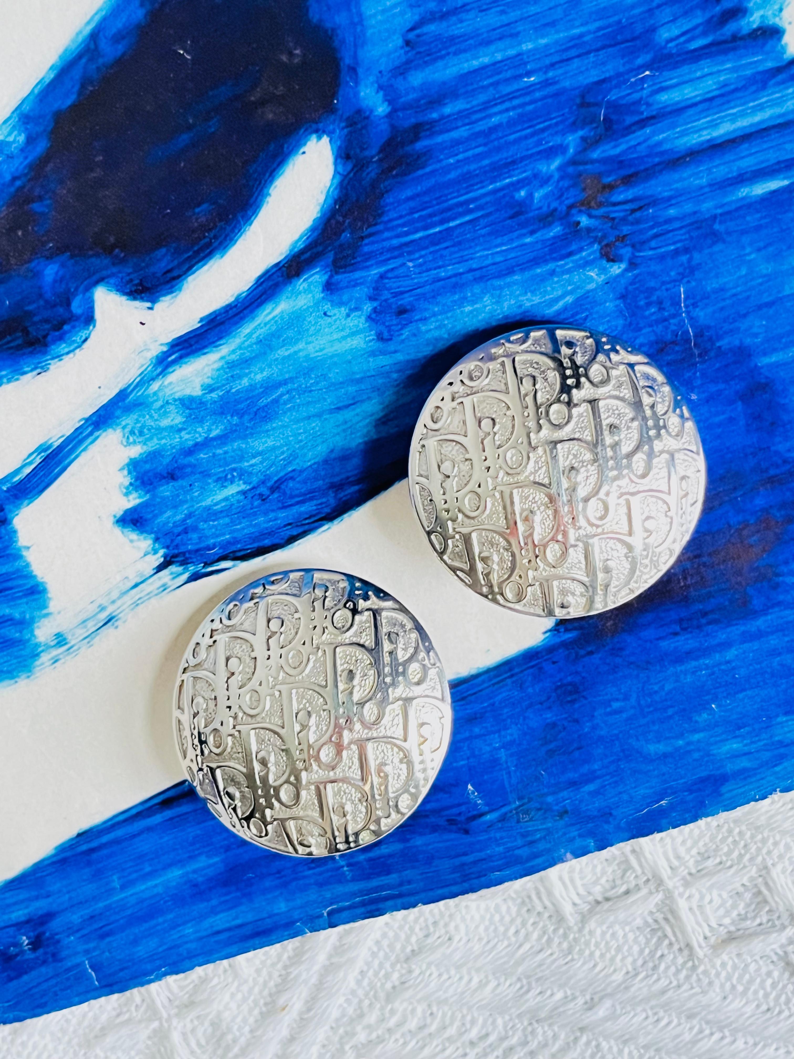 Art Deco Christian Dior Vintage Extra Large Logo Monogram Round Circle Dome Clip Earrings For Sale
