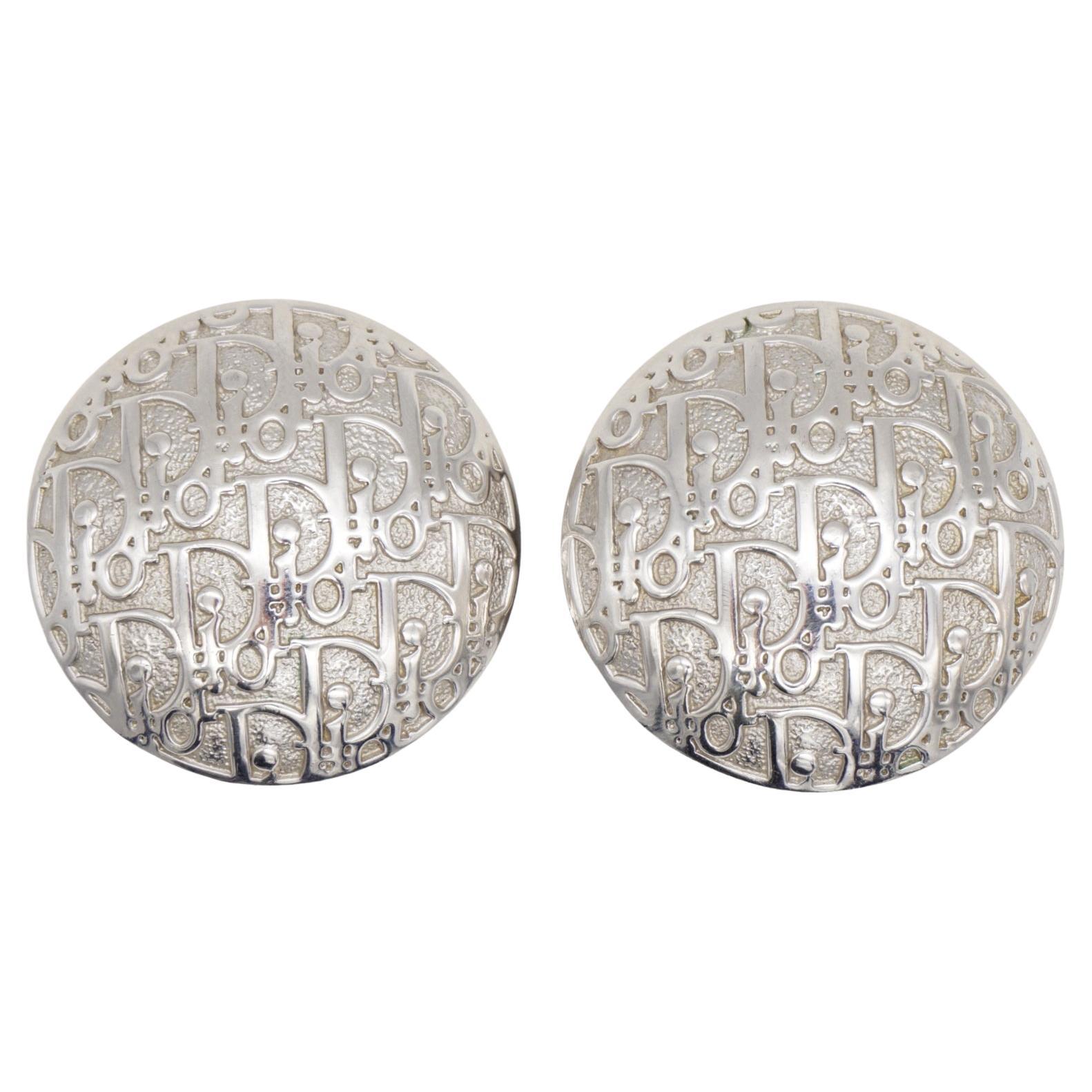 Christian Dior Vintage Extra Large Logo Monogram Round Circle Dome Clip Earrings For Sale