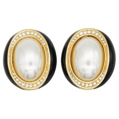 Boucles d'oreilles Christian Dior Vintage Extra Large Ovale Perle Blanche Cristaux Noirs