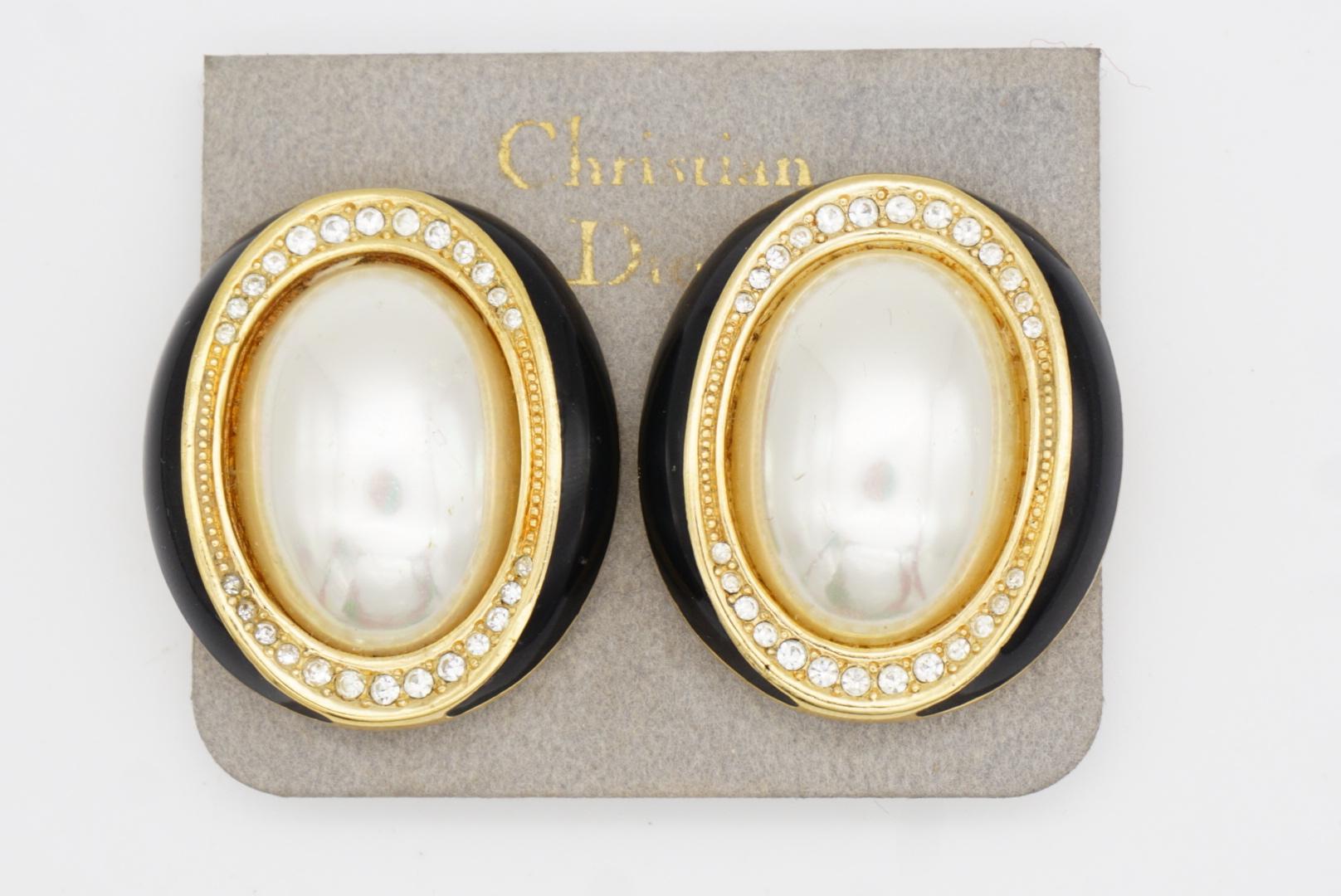 Christian Dior Vintage Extra Große Ovale Weiße Perlenkristalle Schwarze Ohrringe im Angebot 9