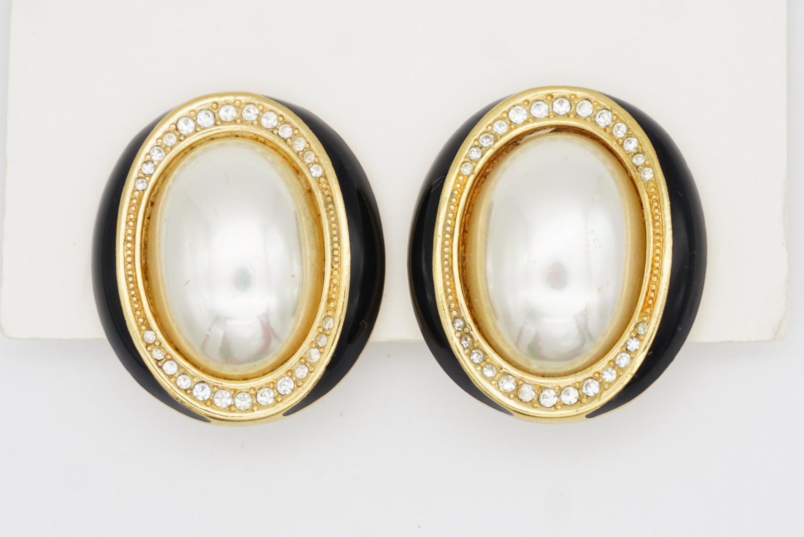 Christian Dior Vintage Extra Große Ovale Weiße Perlenkristalle Schwarze Ohrringe im Angebot 3