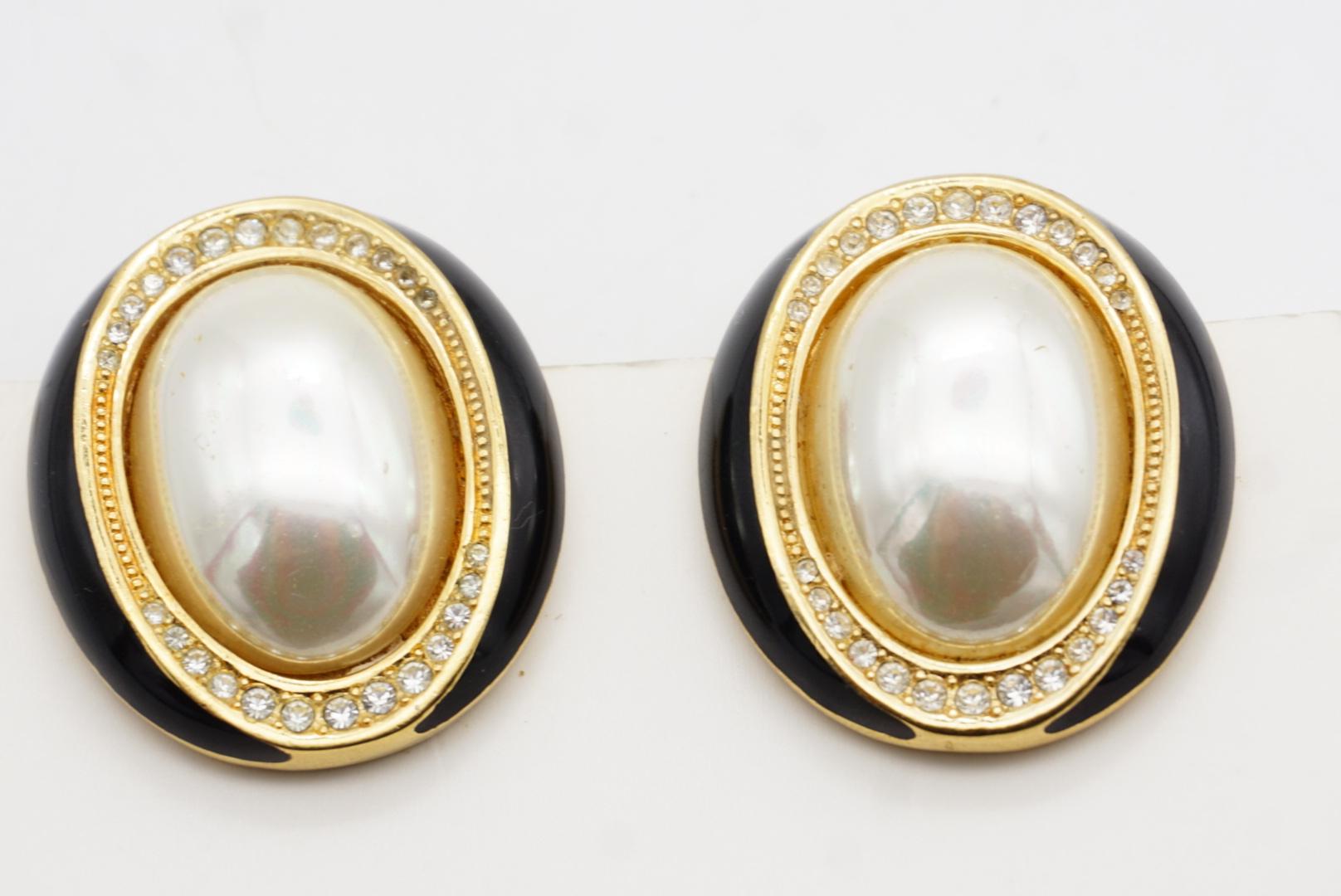 Christian Dior Vintage Extra Große Ovale Weiße Perlenkristalle Schwarze Ohrringe im Angebot 4