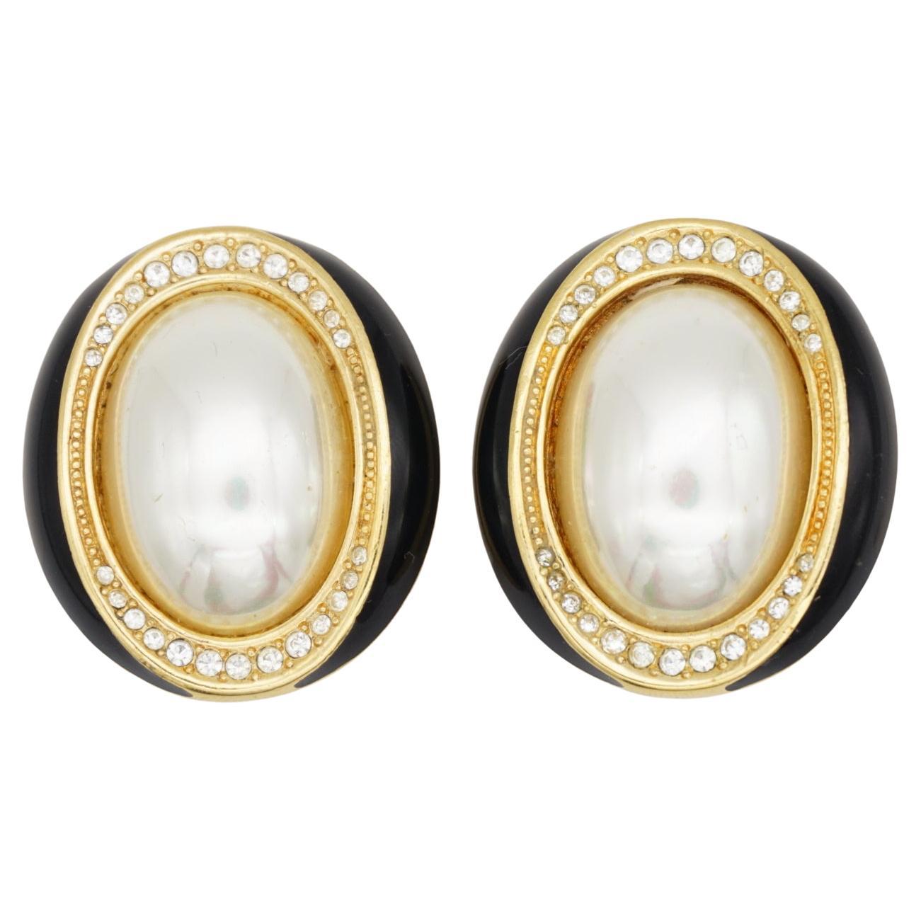 Christian Dior Vintage Extra Große Ovale Weiße Perlenkristalle Schwarze Ohrringe