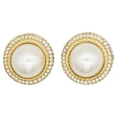 Boucles d'oreilles Christian Dior Vintage Extra Large Perle Ronde Blanche Double Cristaux