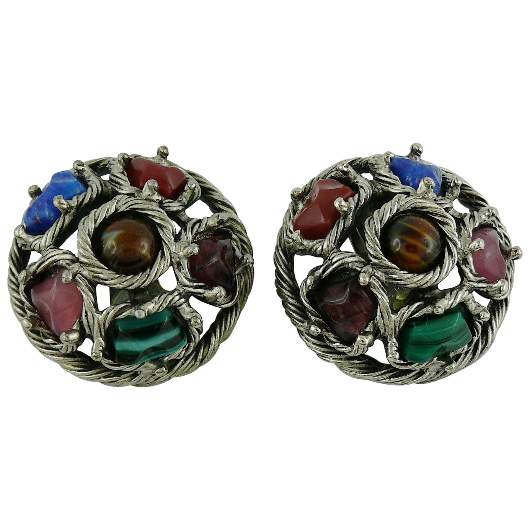 Christian Dior Vintage Faux Hard Stones Domed Clip-On Earrings