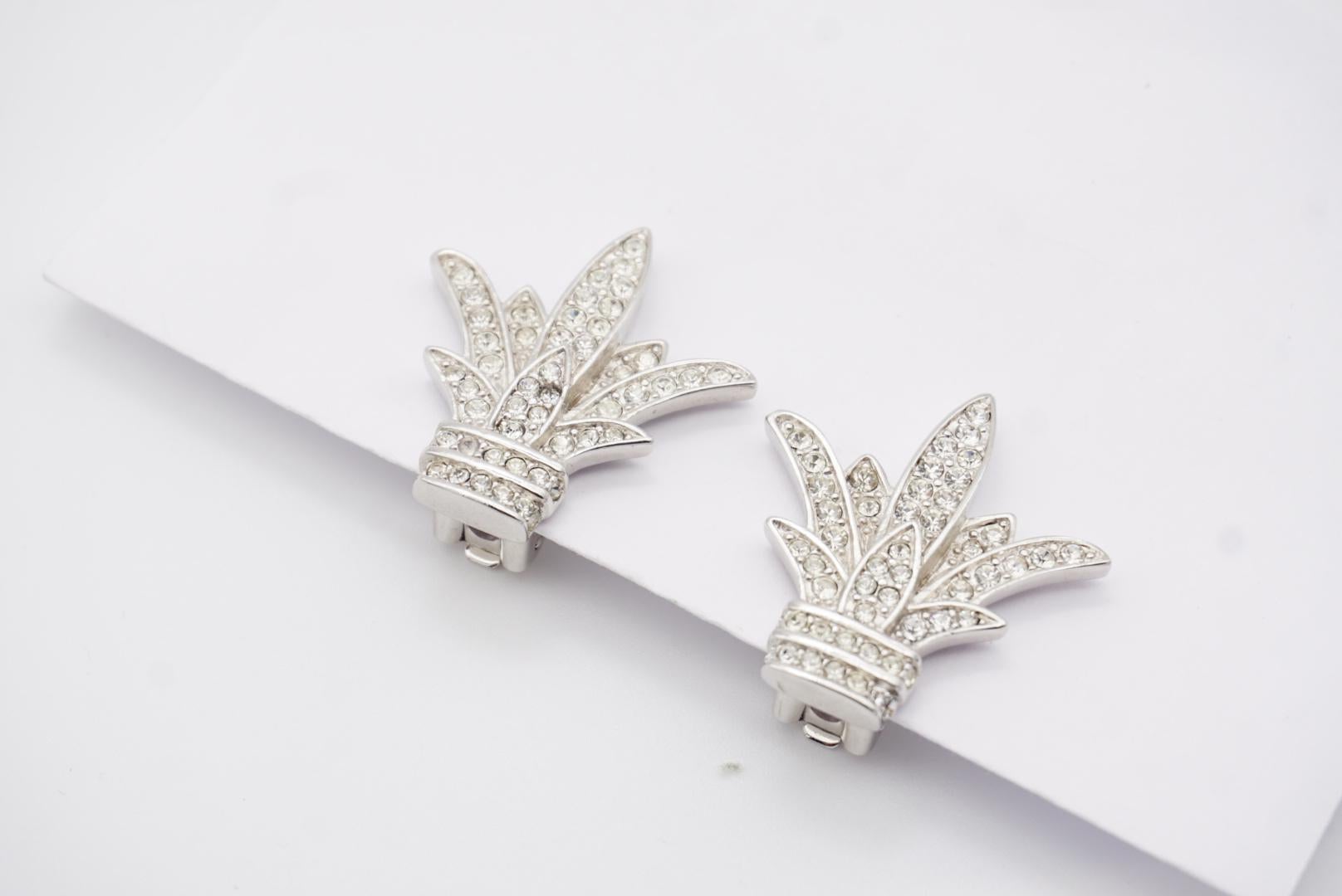 Christian Dior Vintage Fleur De Lis Crystals Lily Flower Leaf Silver Earrings For Sale 5