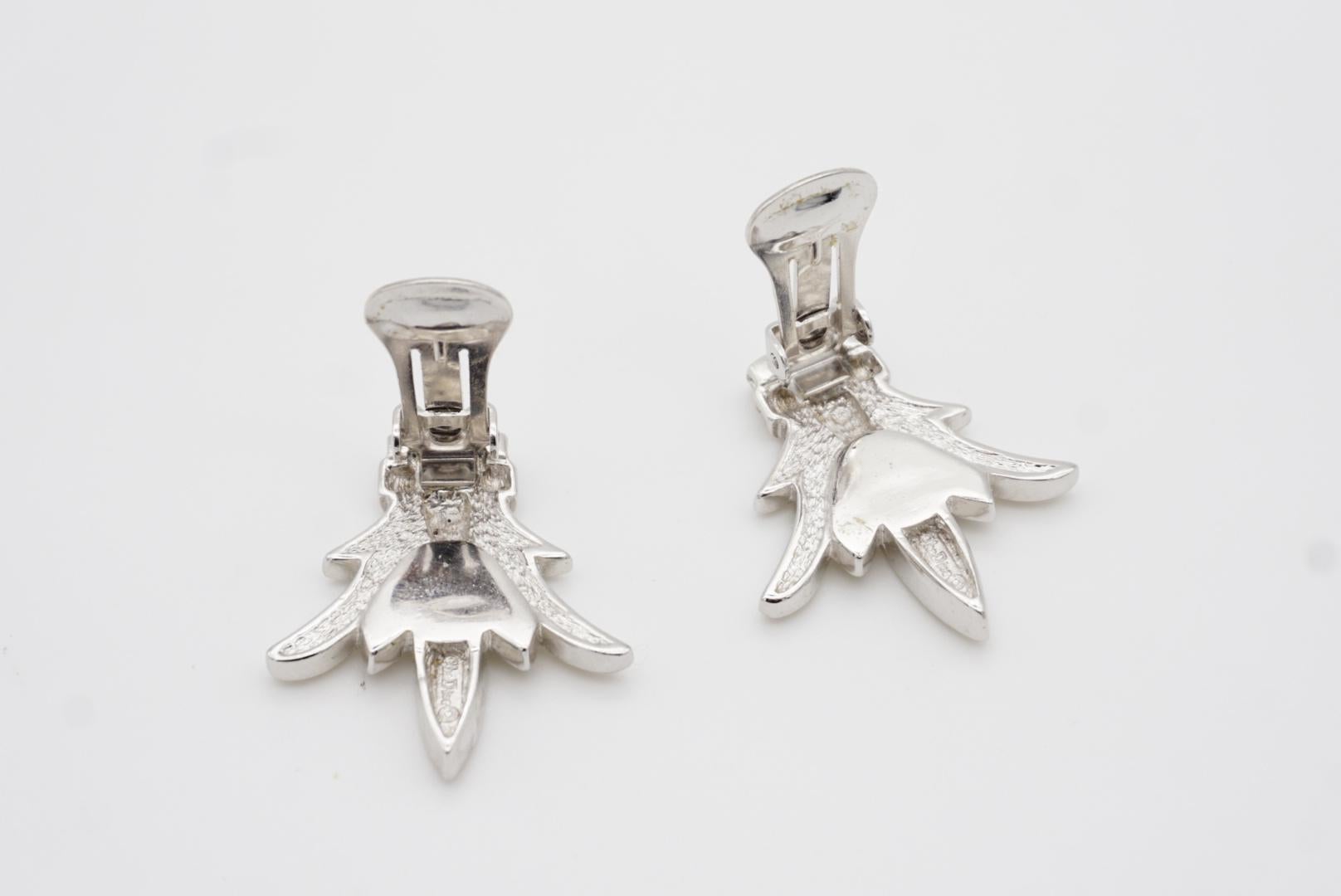 Christian Dior Vintage Fleur De Lis Crystals Lily Flower Leaf Silver Earrings For Sale 8