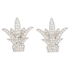 Christian Dior Vintage Fleur De Lis Crystals Lily Flower Leaf Silver Earrings